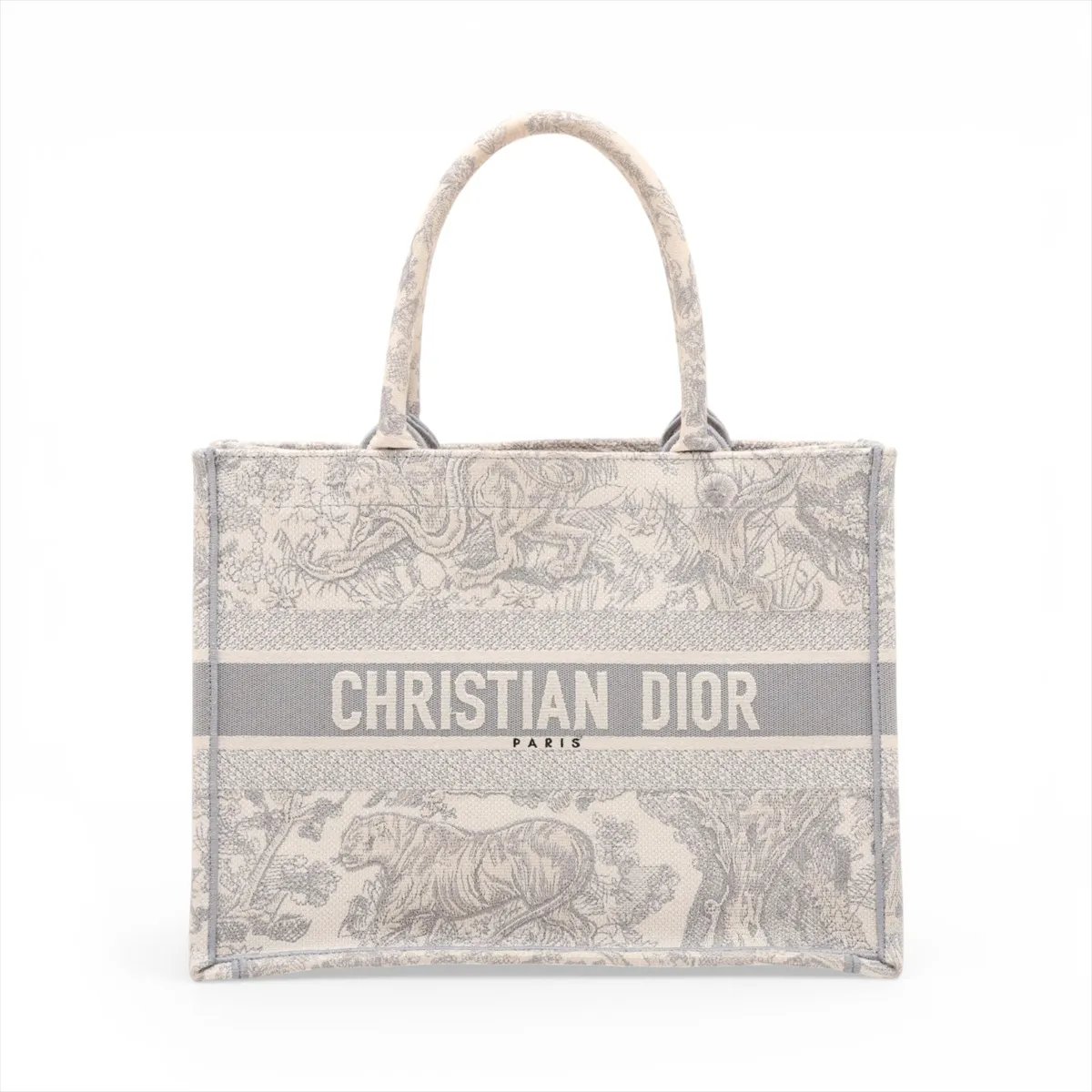 Toile de Jouy Embroidery Book Tote Medium Canvas Tote Bag, Gray, Lucky Star