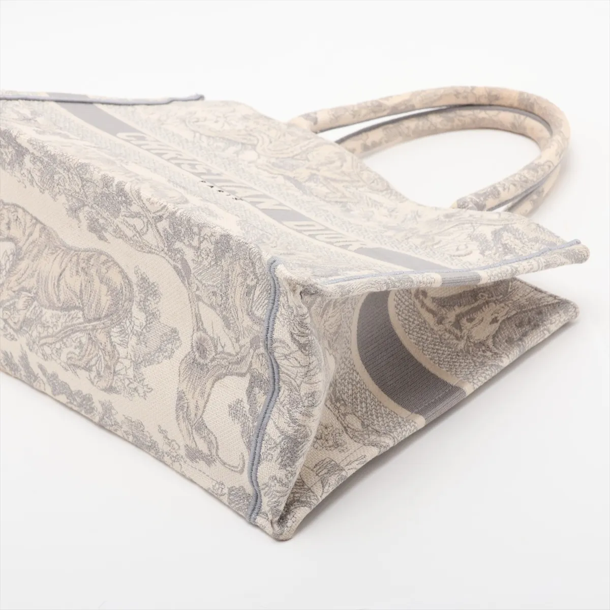 Toile de Jouy Embroidery Book Tote Medium Canvas Tote Bag, Gray, Lucky Star — view 3