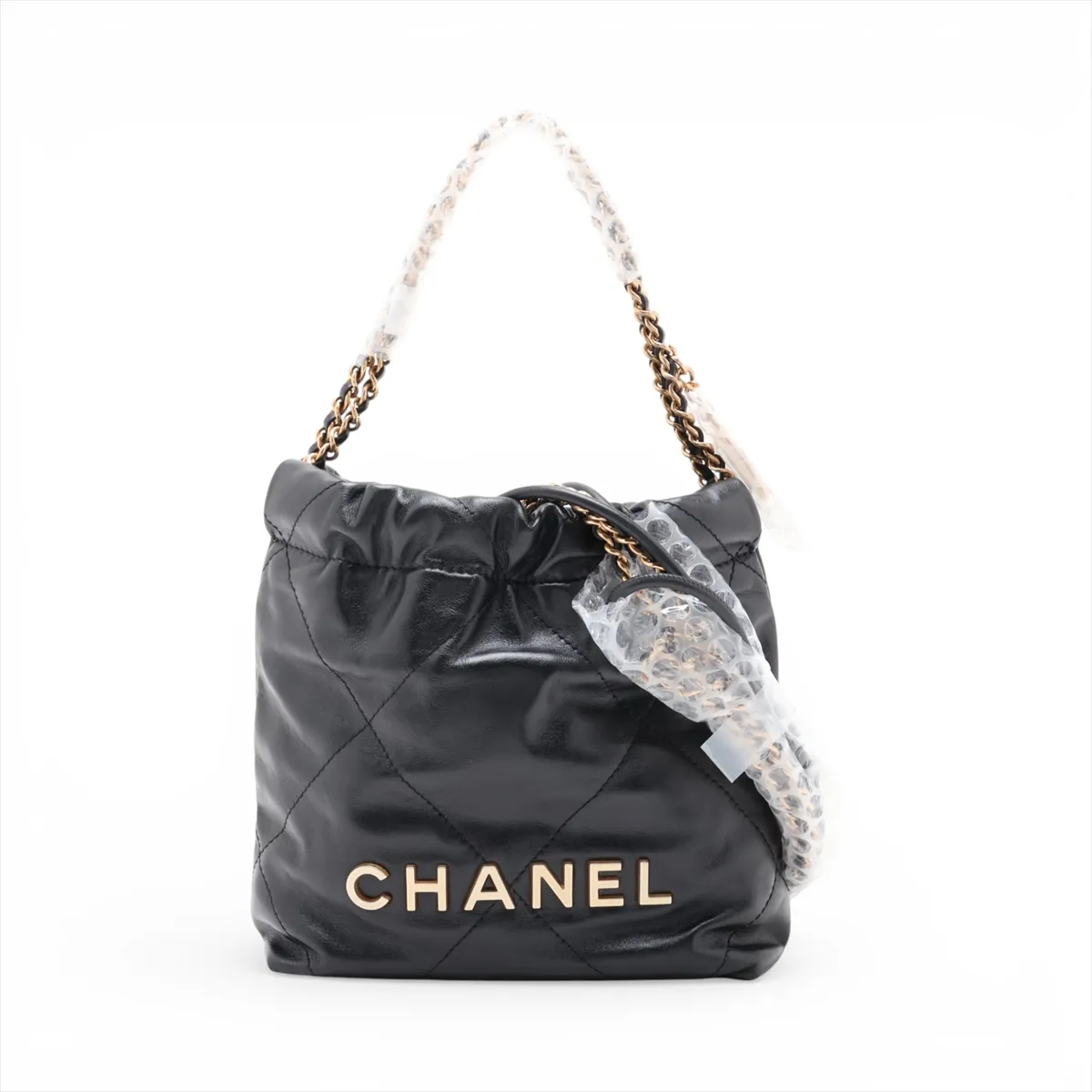 22 Mini Shiny Calfskin Chain Shoulder Bag Black Gold Hardware Random Plate AS3980