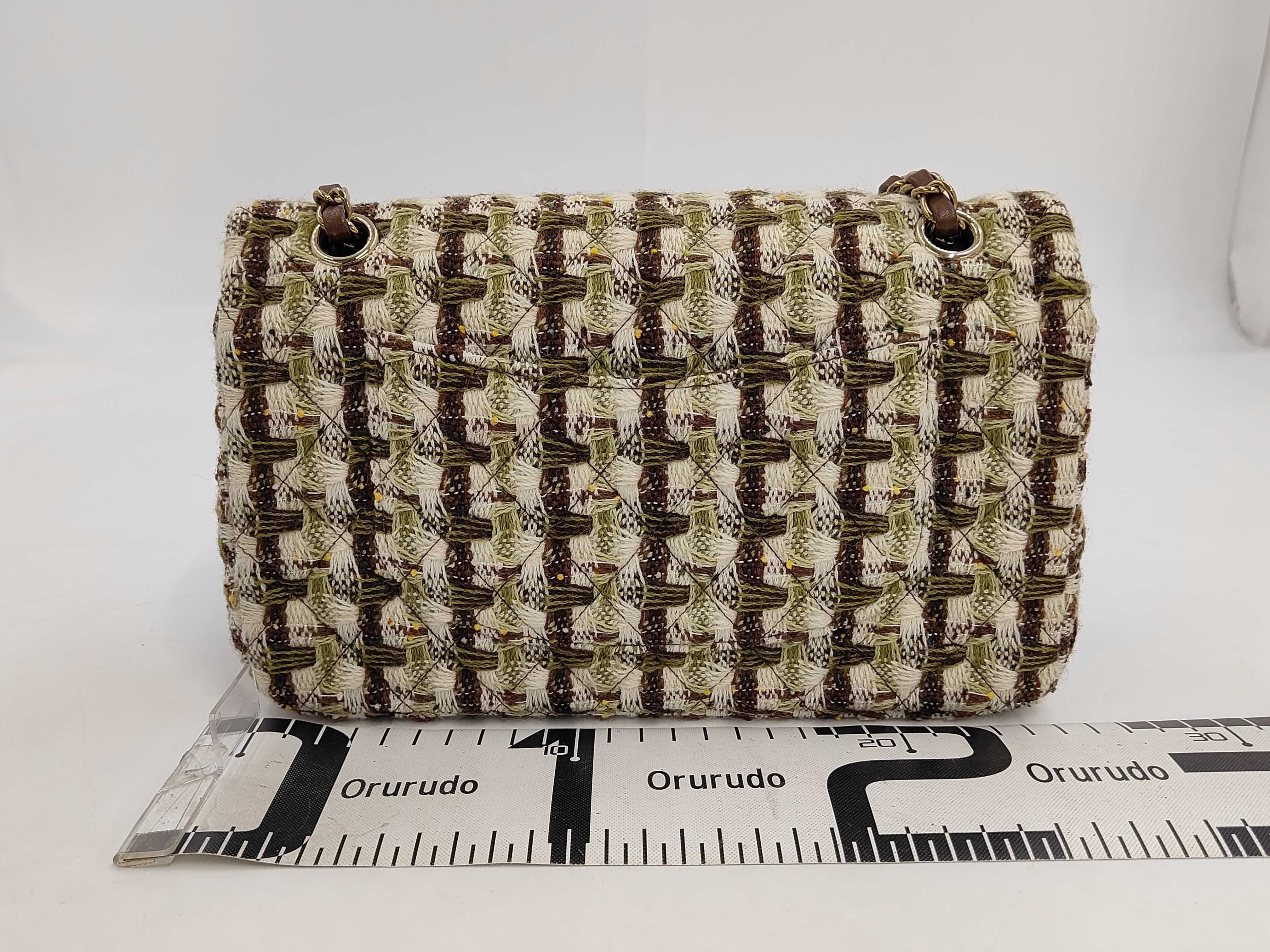 Matelassé Double Flap Tweed Shoulder Bag with Serial Plate, Green — view 2