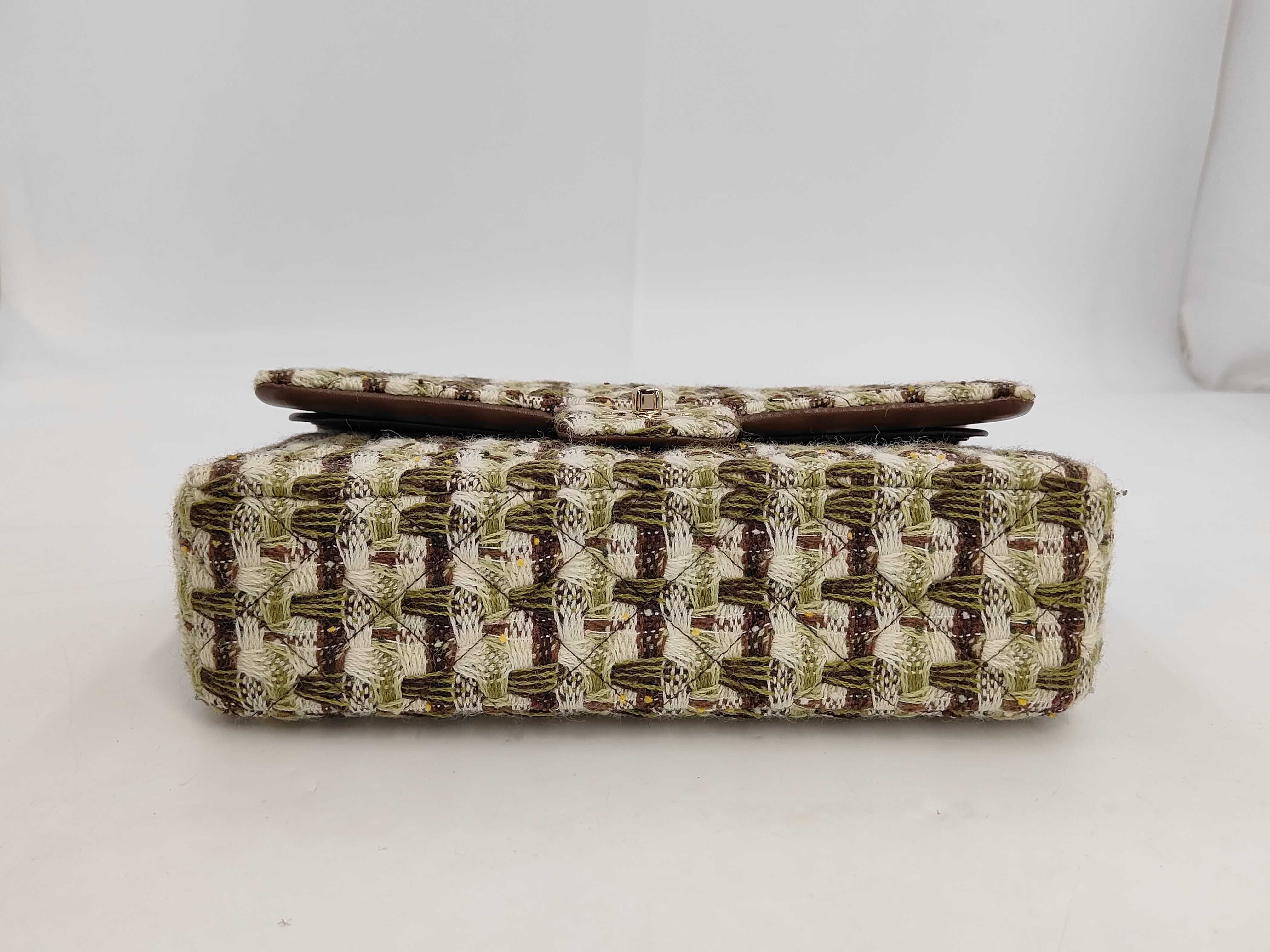 Matelassé Double Flap Tweed Shoulder Bag with Serial Plate, Green — view 4