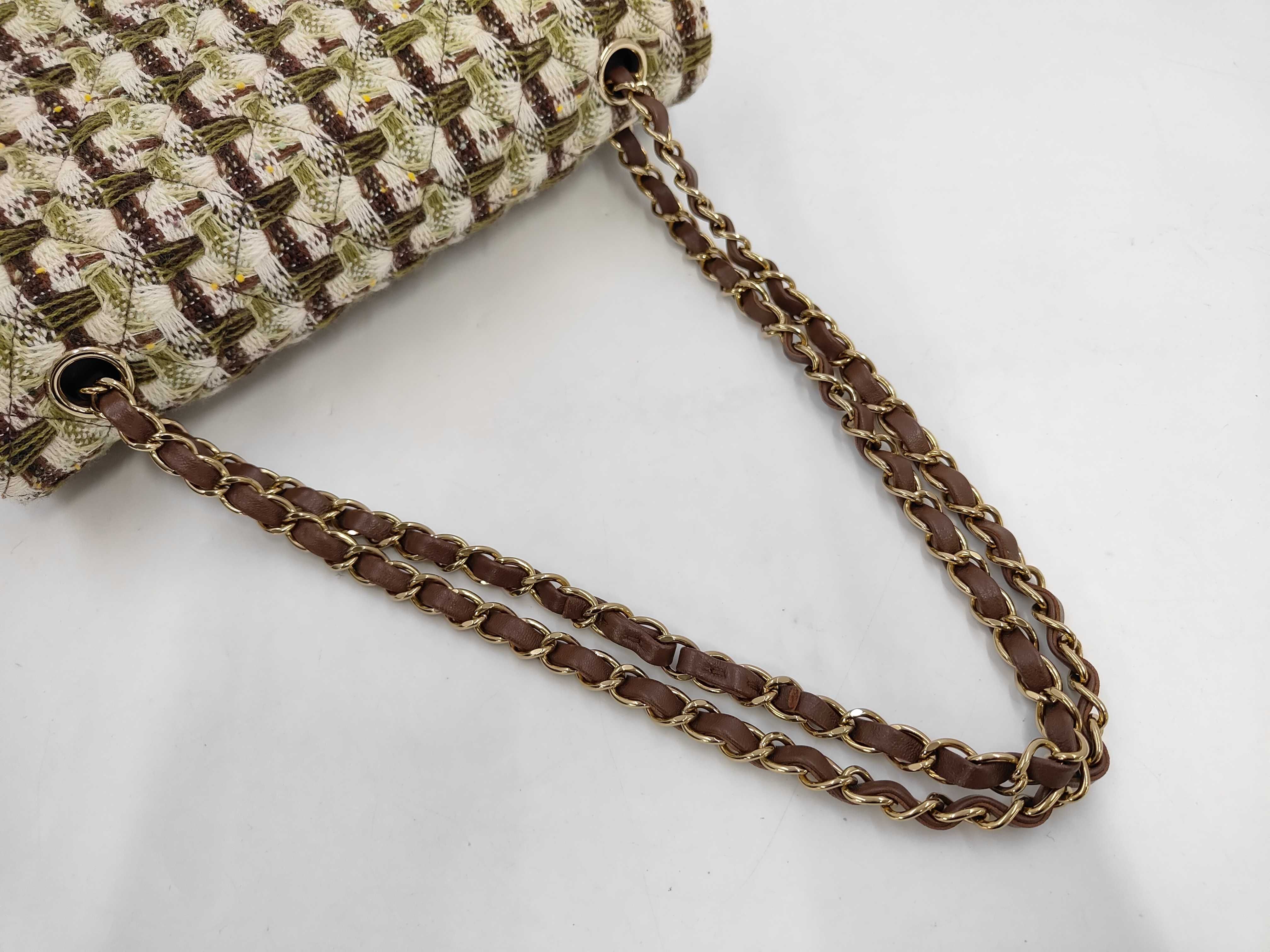 Matelassé Double Flap Tweed Shoulder Bag with Serial Plate, Green — view 5