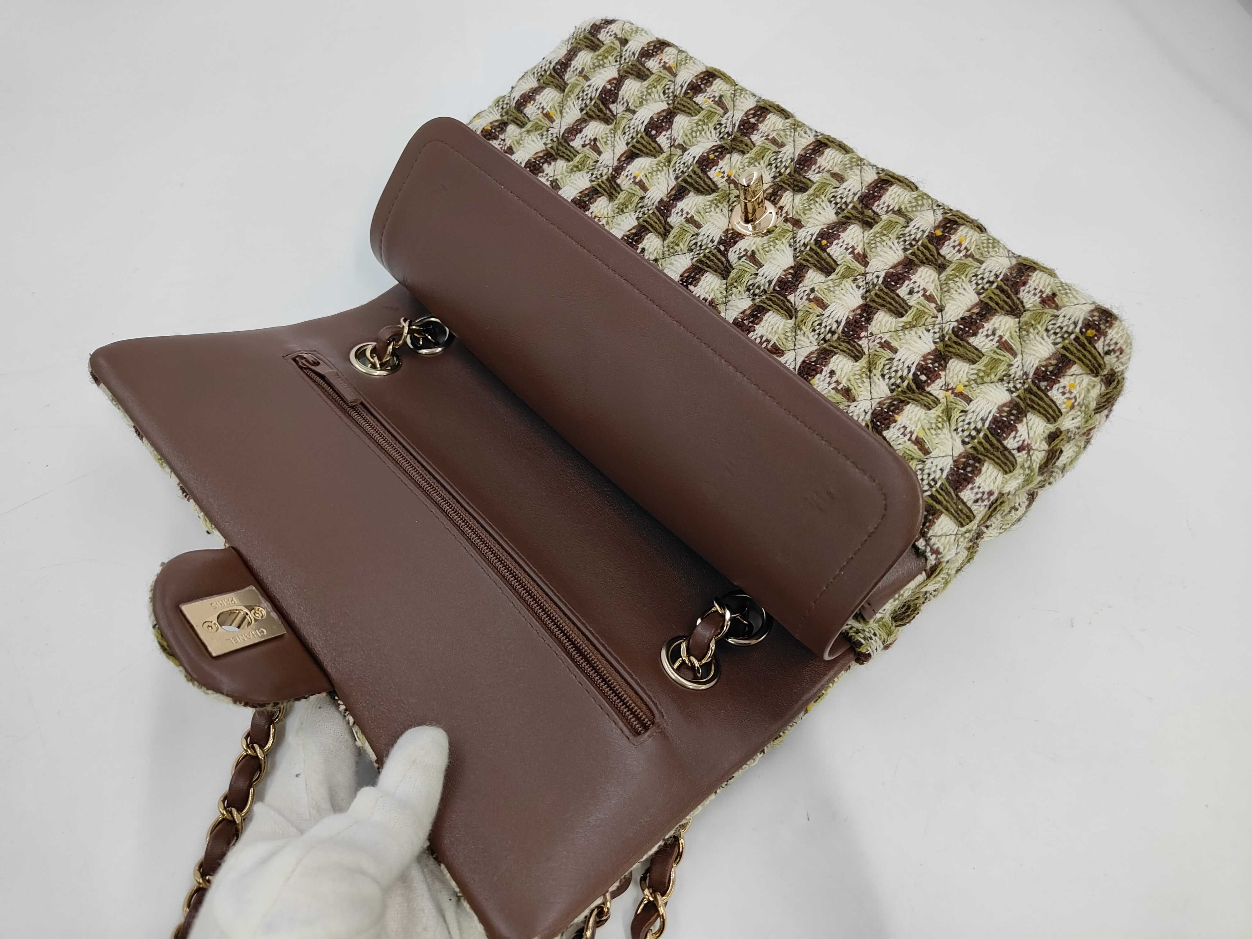 Matelassé Double Flap Tweed Shoulder Bag with Serial Plate, Green — view 8