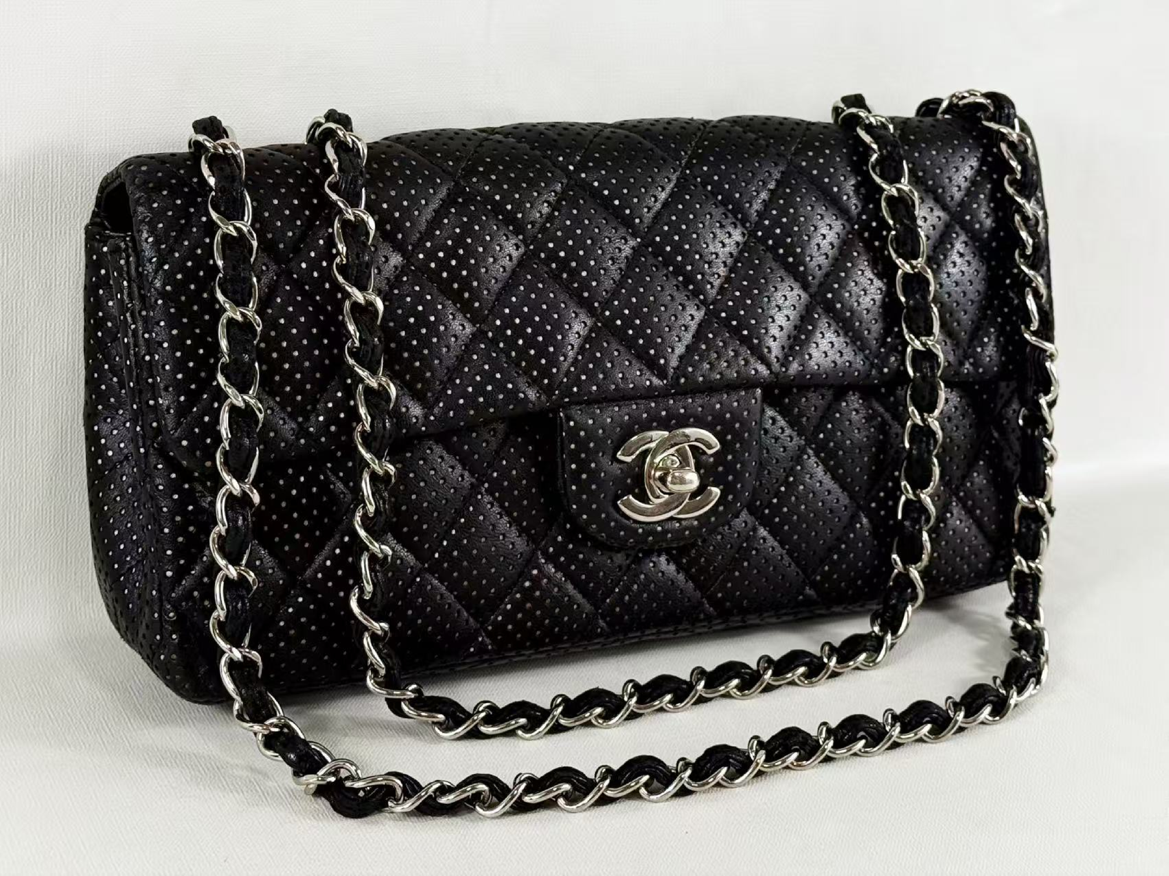 Black Matelassé East West Perforated Shoulder Bag, Approx. W25cm, Serial Number , with Dust Bag and Seal, Silver Hardware, Item Number 1156029 — view 2