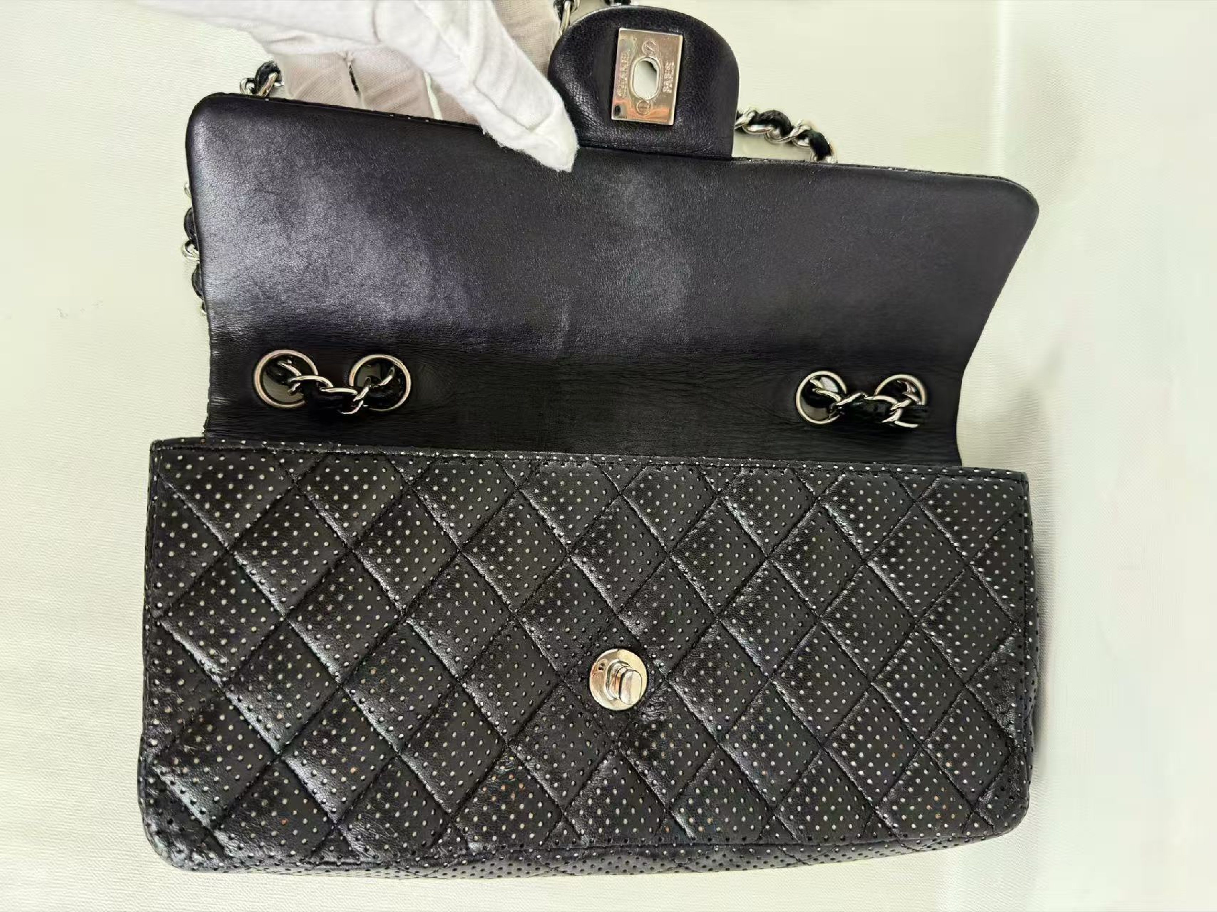 Black Matelassé East West Perforated Shoulder Bag, Approx. W25cm, Serial Number , with Dust Bag and Seal, Silver Hardware, Item Number 1156029 — view 13