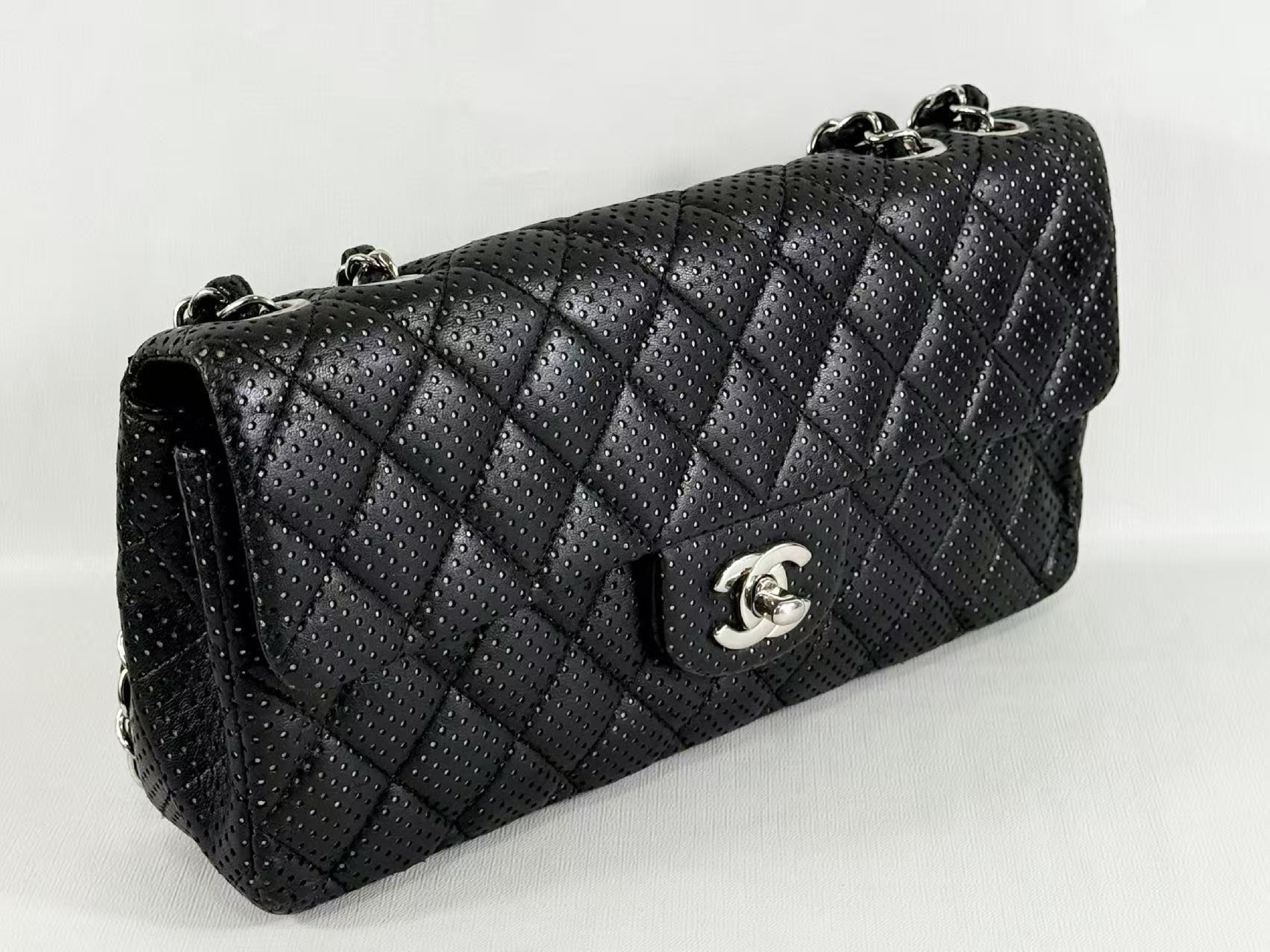 Black Matelassé East West Perforated Shoulder Bag, Approx. W25cm, Serial Number , with Dust Bag and Seal, Silver Hardware, Item Number 1156029 — view 6