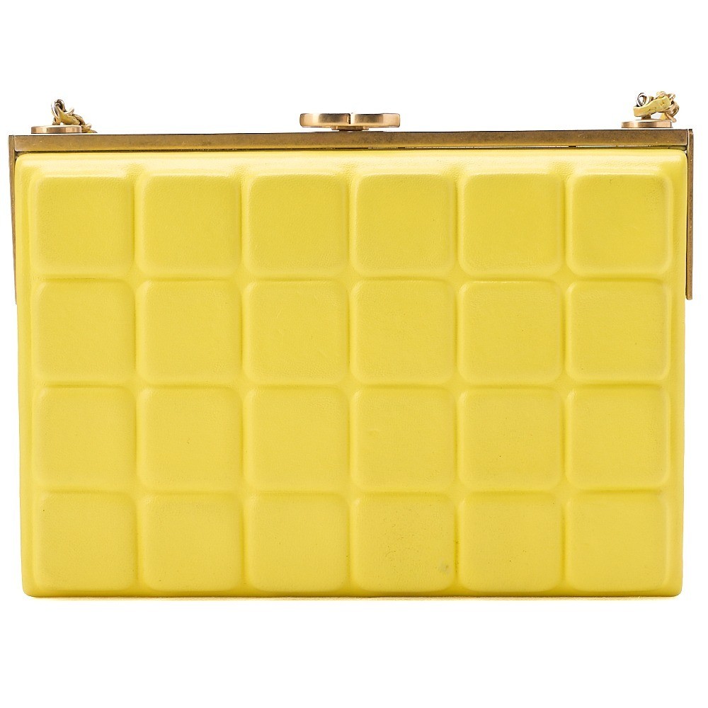 Lambskin chocolate bar pattern coin purse chain shoulder bag, yellow, gold hardware, serial number 23. — view 2