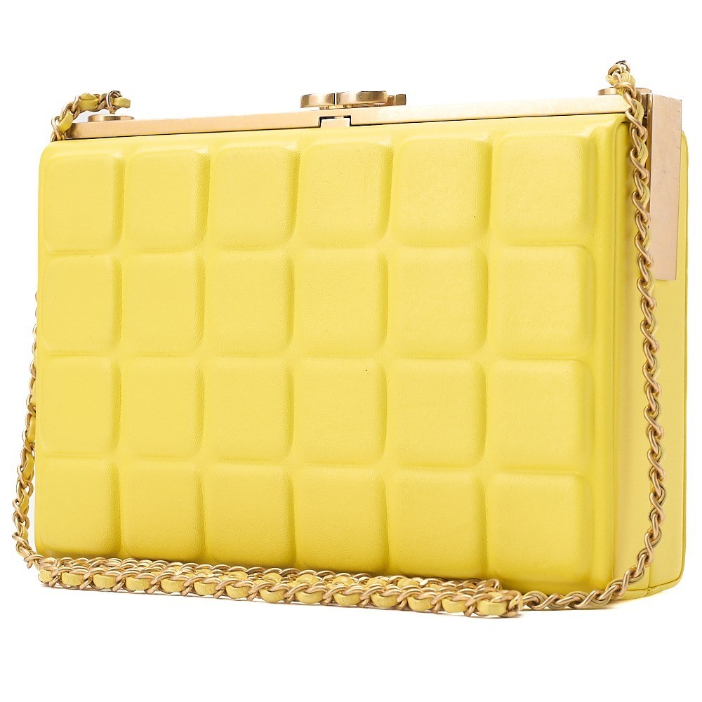 Lambskin chocolate bar pattern coin purse chain shoulder bag, yellow, gold hardware, serial number 23. — view 4