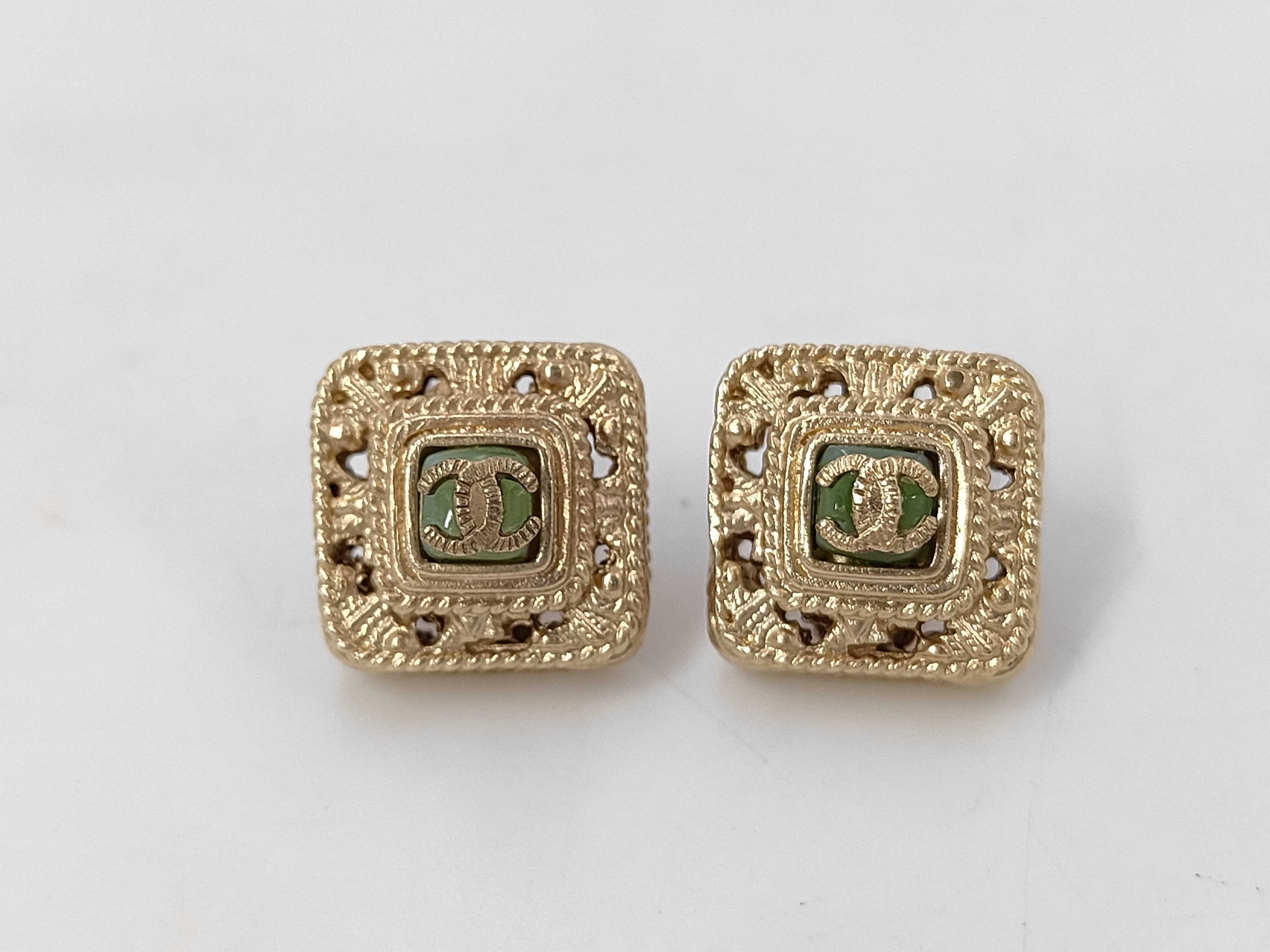 earrings, square design, Coco Mark, green stone, 08A.