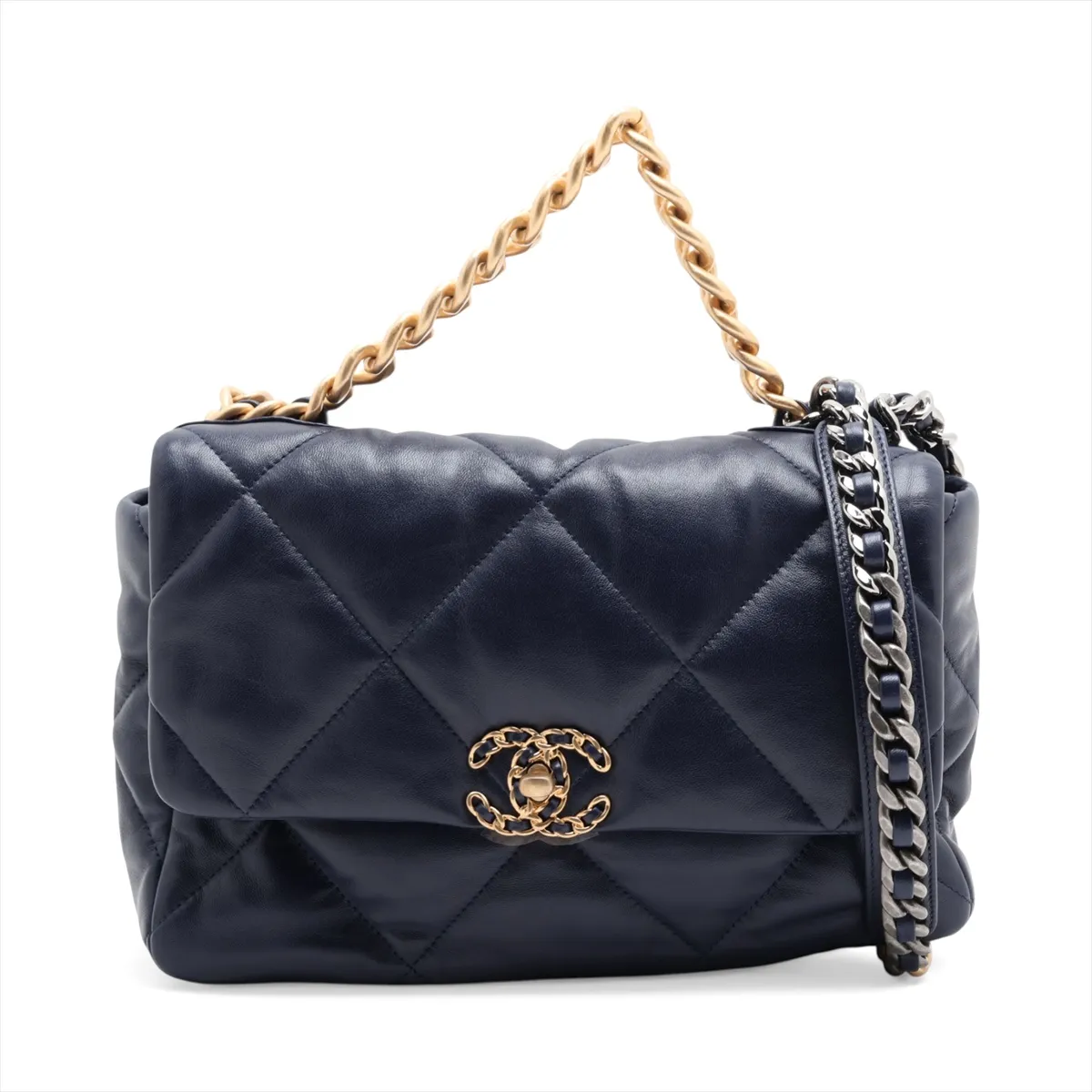 19 Large Lambskin Chain Shoulder Bag, Navy, Gold x Silver Hardware, 31297386, Serial Number , AS1161, Sale Item
