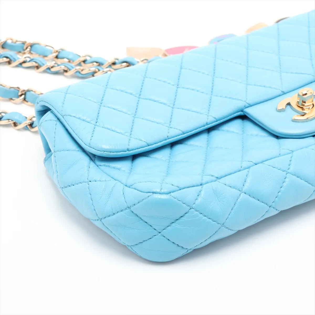 Matelassé Lambskin Single Flap Double Chain Bag Charm, Blue with Gold Hardware, 12642738, Series 12 — view 4