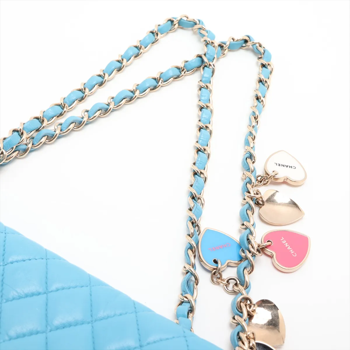 Matelassé Lambskin Single Flap Double Chain Bag Charm, Blue with Gold Hardware, 12642738, Series 12 — view 5