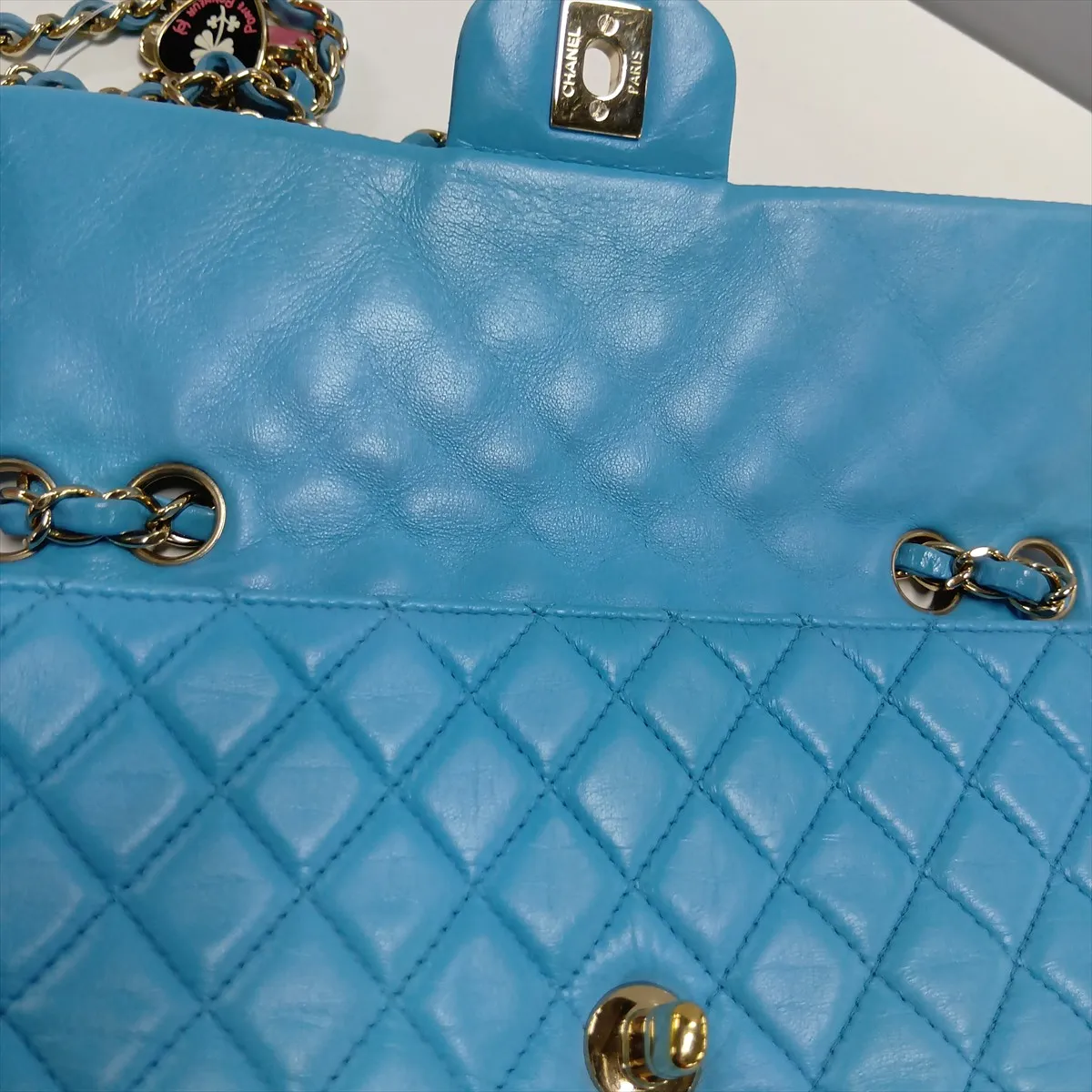 Matelassé Lambskin Single Flap Double Chain Bag Charm, Blue with Gold Hardware, 12642738, Series 12 — view 10