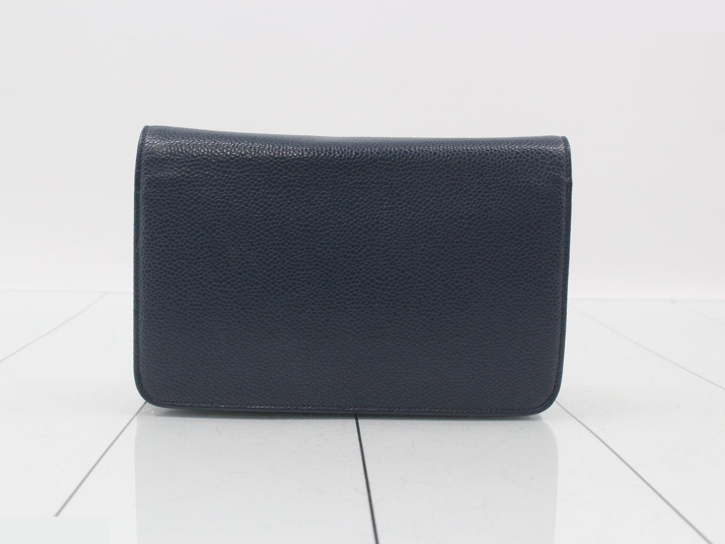 Caviar leather matelassé chain wallet with Coco mark, navy — view 2