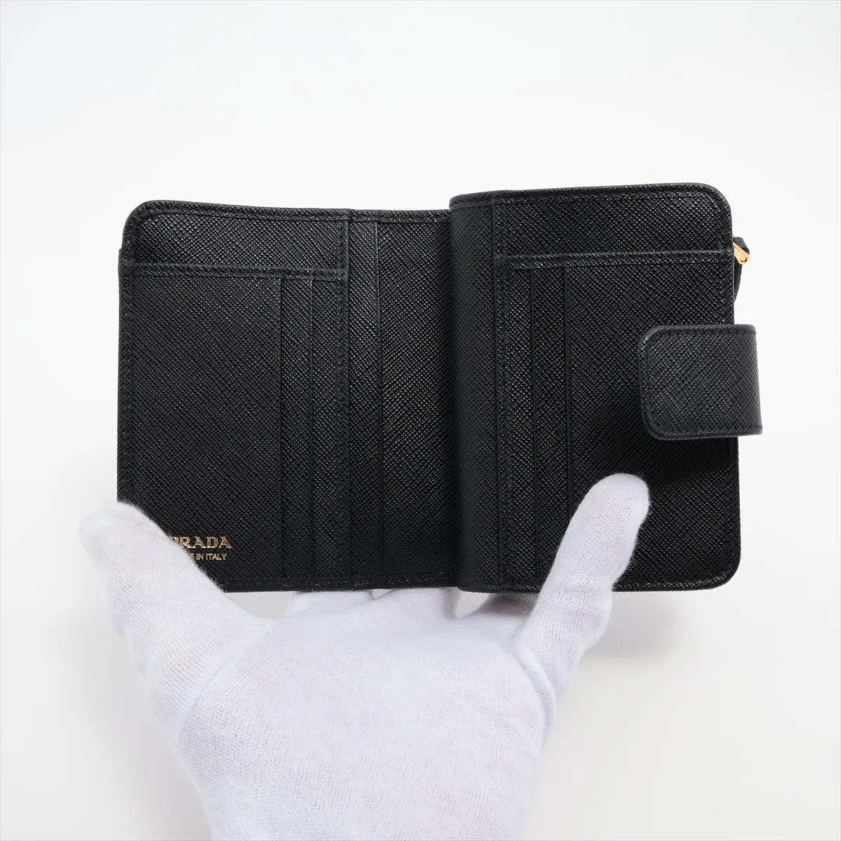 Saffiano Logo 1ML018 Leather Compact Wallet, Black — view 3