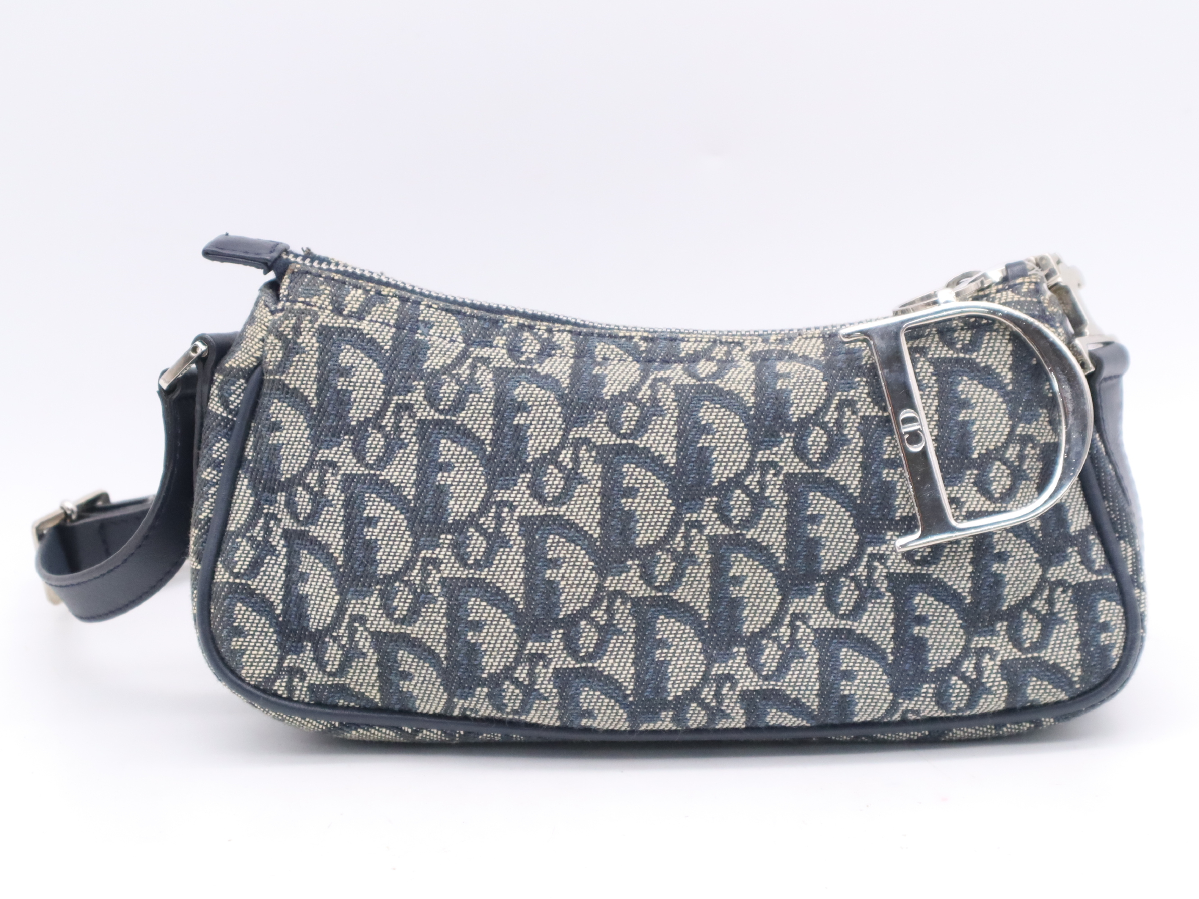 Canvas x Leather Trotter Navy Shoulder Bag with Silver Hardware and Dust Bag — view 2