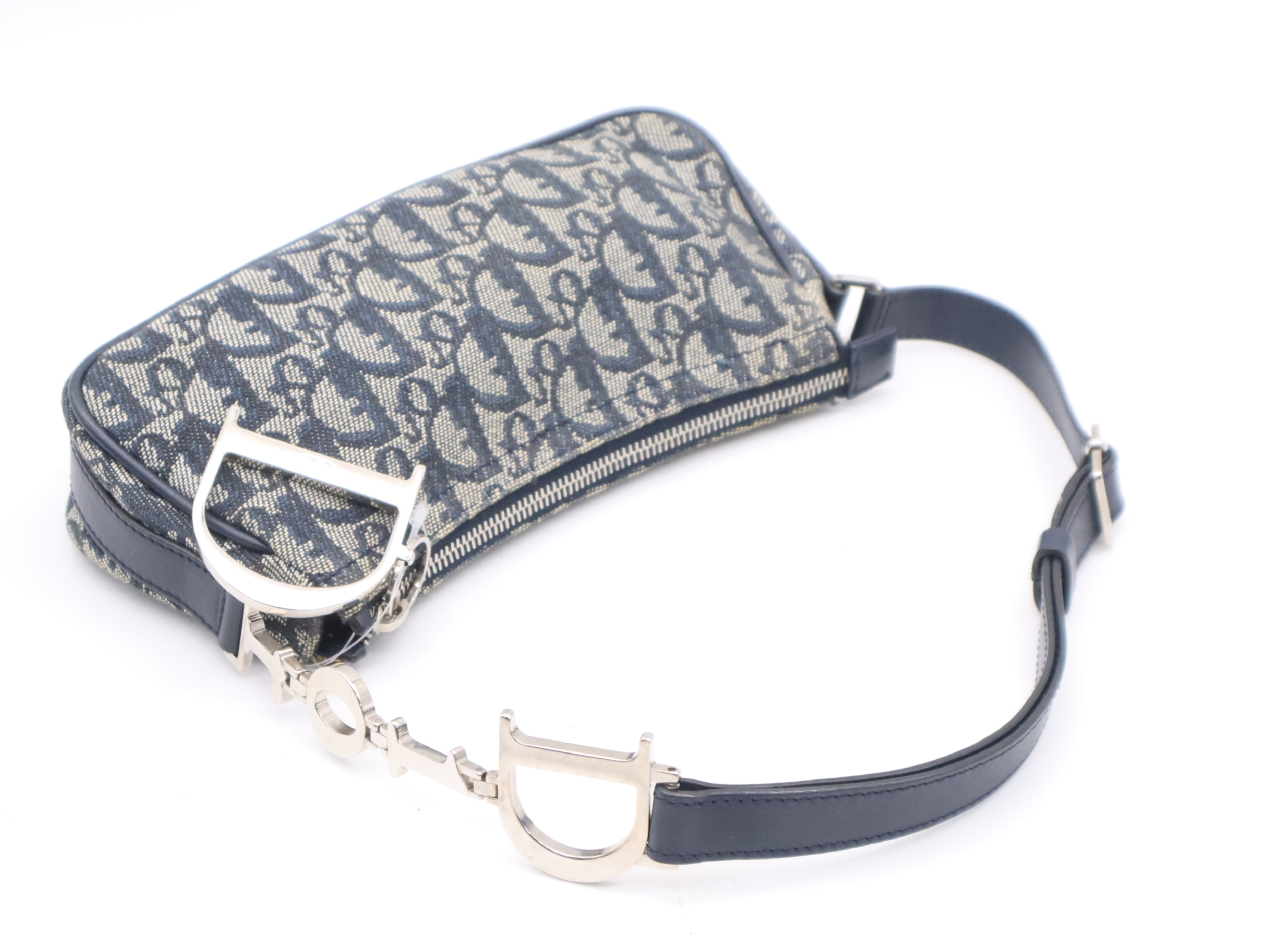 Canvas x Leather Trotter Navy Shoulder Bag with Silver Hardware and Dust Bag — view 6