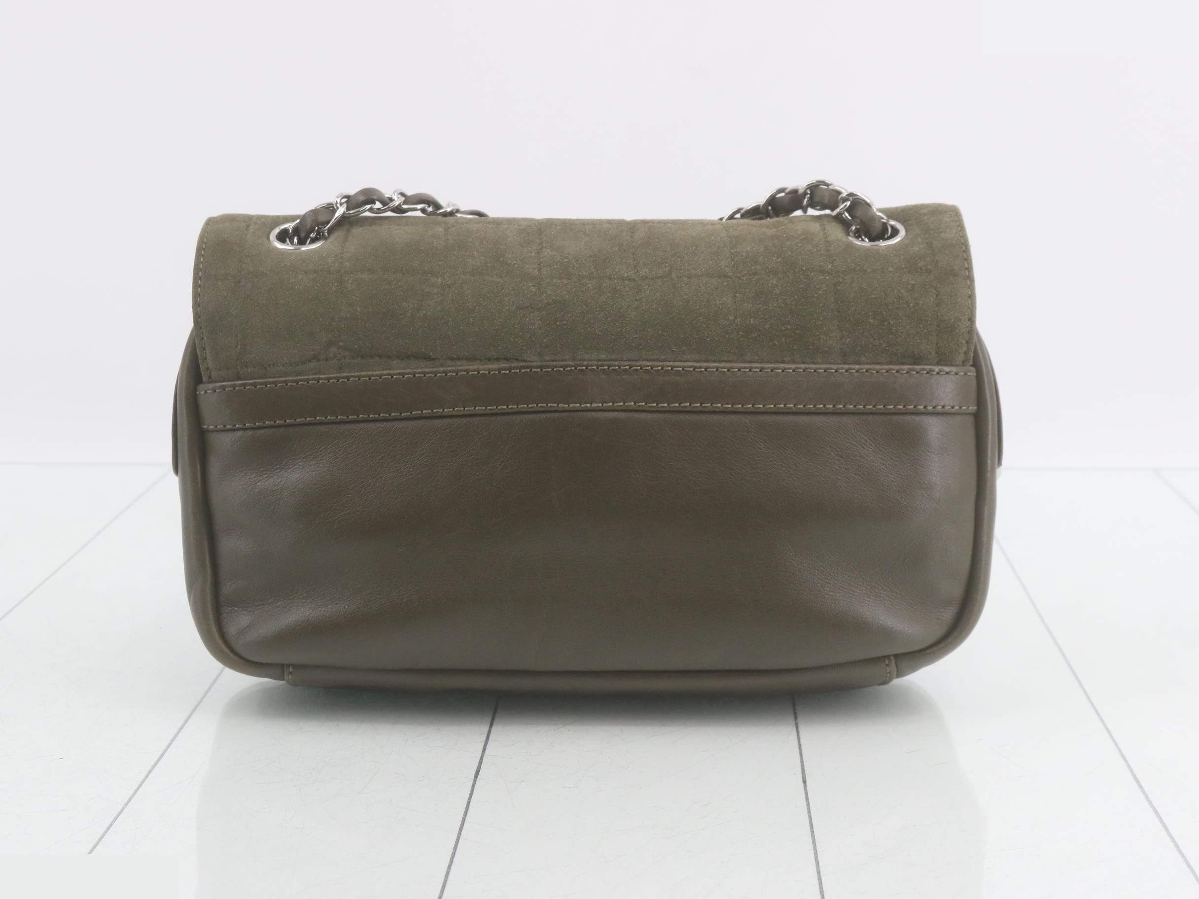 Chocolate bar style, suede x leather, khaki, silver hardware, double chain. — view 2