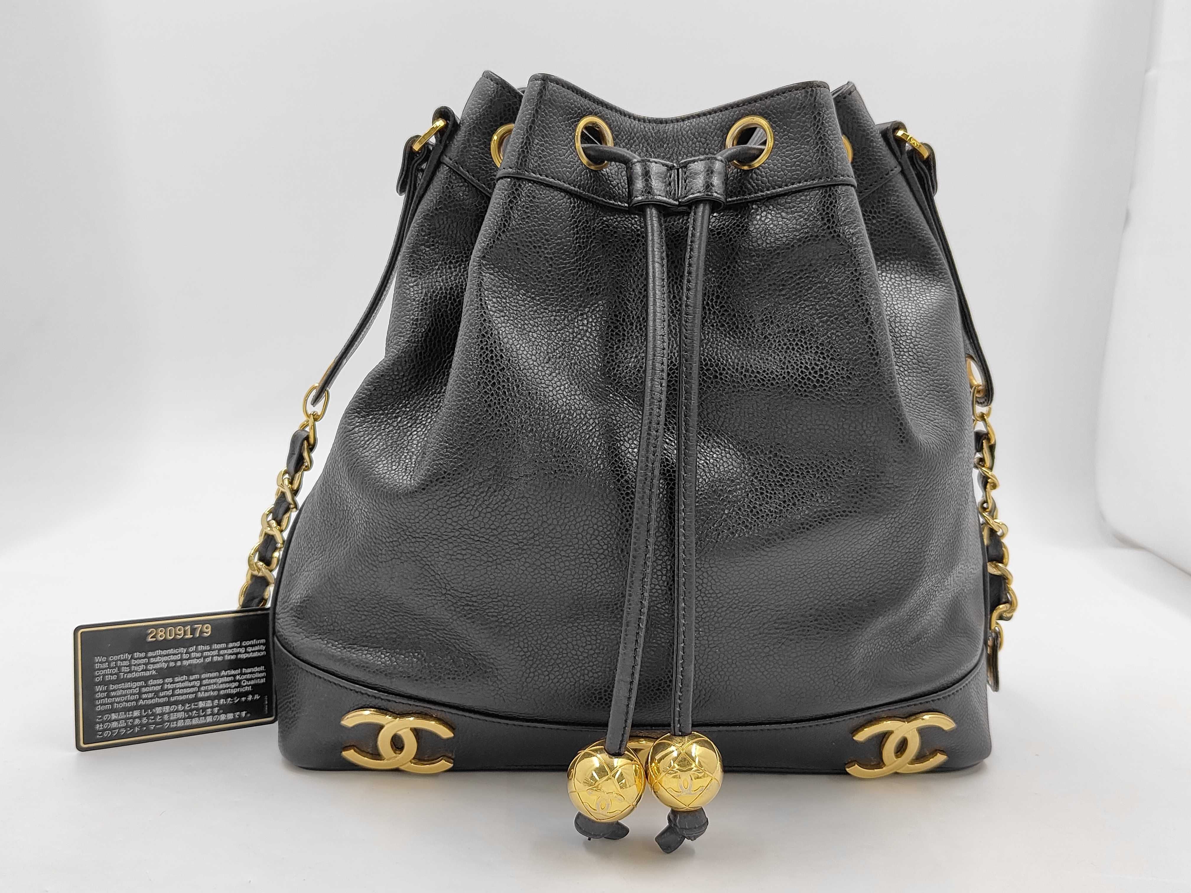 Caviar Triple Coco Mark Drawstring Chain Shoulder Bag, Black with Gold Hardware