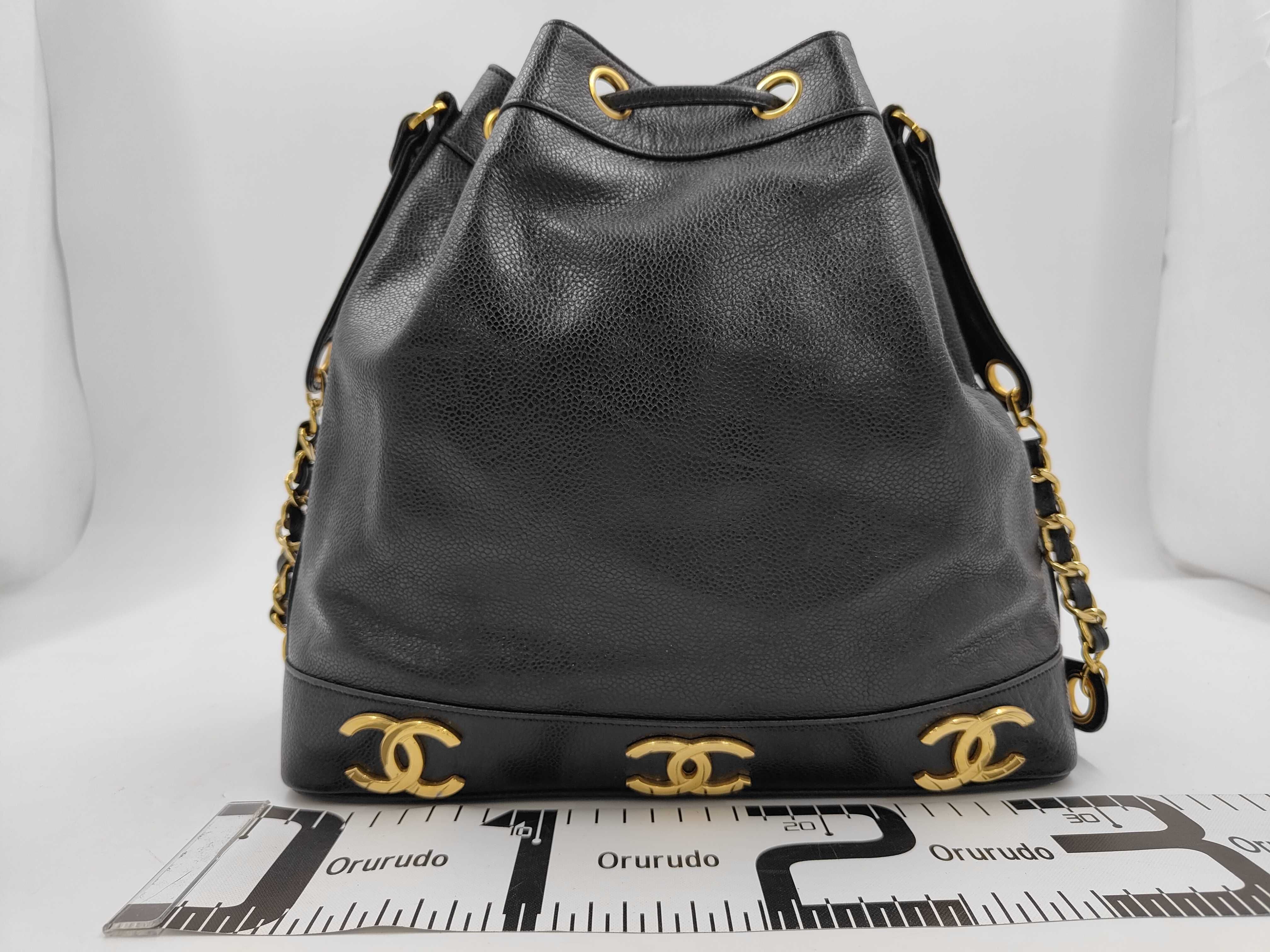 Caviar Triple Coco Mark Drawstring Chain Shoulder Bag, Black with Gold Hardware — view 2