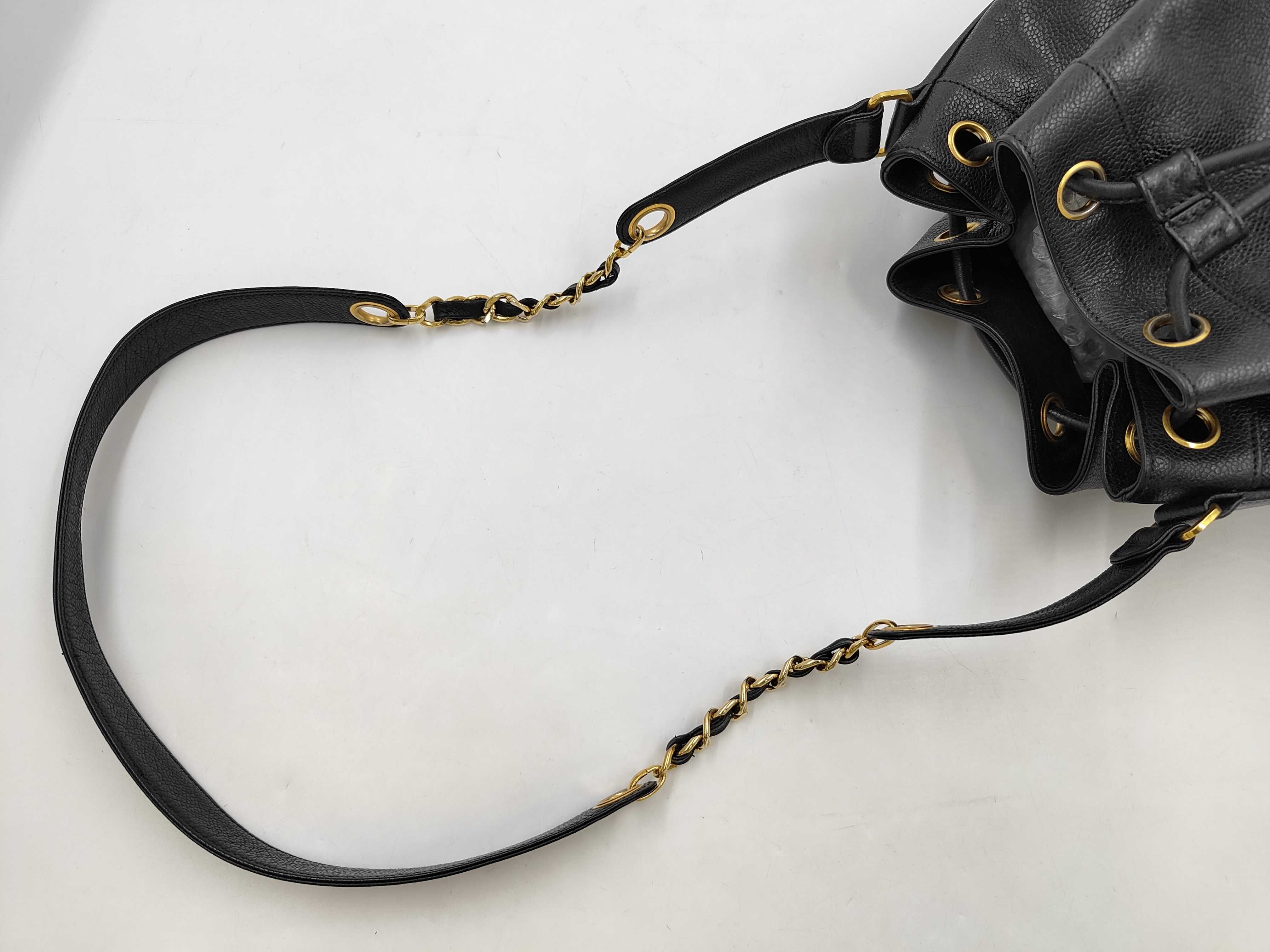 Caviar Triple Coco Mark Drawstring Chain Shoulder Bag, Black with Gold Hardware — view 6
