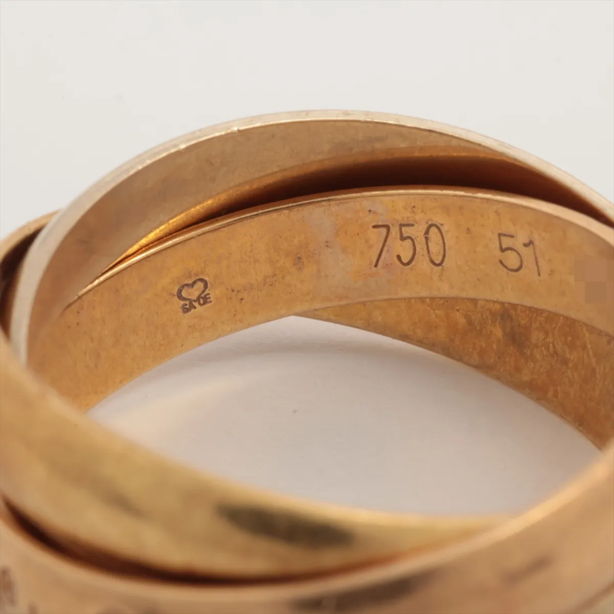Trinity Ring 750 (YG x PG x WG) 7.7g 51 O6005G Dents, solder marks, plating peeling — view 3