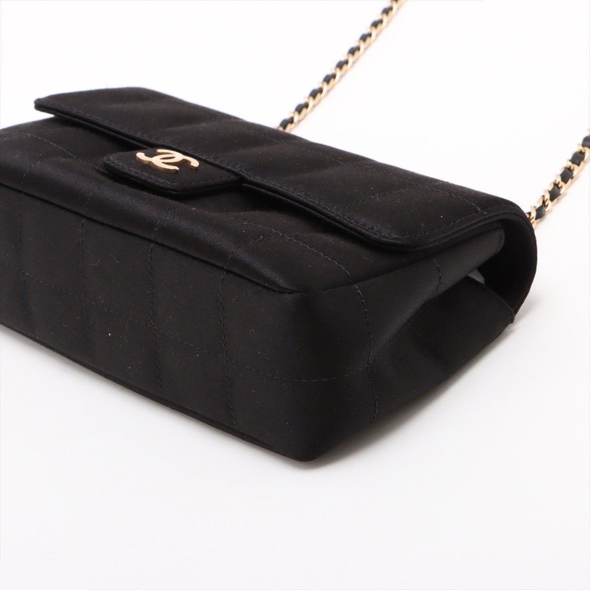 Chocolate Bar Satin x Leather Chain Shoulder Bag, Black, Gold Hardware — view 3