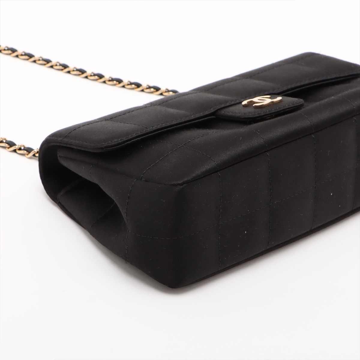 Chocolate Bar Satin x Leather Chain Shoulder Bag, Black, Gold Hardware — view 4