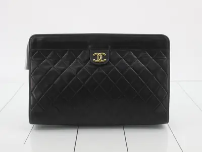 Matelassé clutch bag, lambskin, black