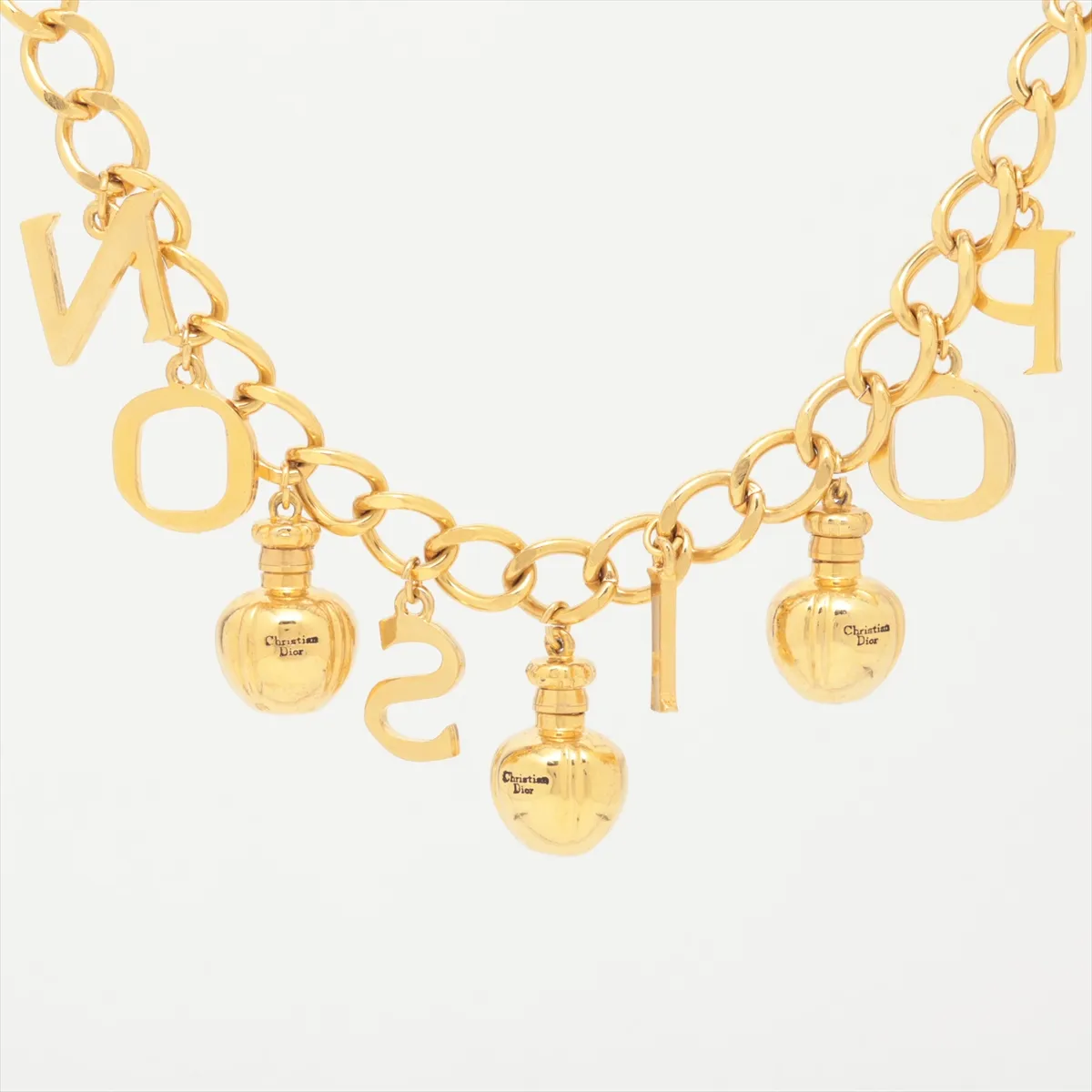 Perfume Bottle Necklace, GP Gold, dents, — view 2