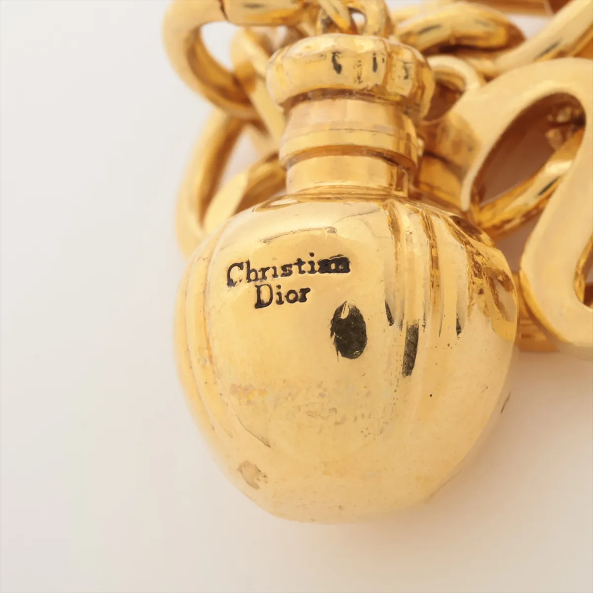 Perfume Bottle Necklace, GP Gold, dents, — view 4