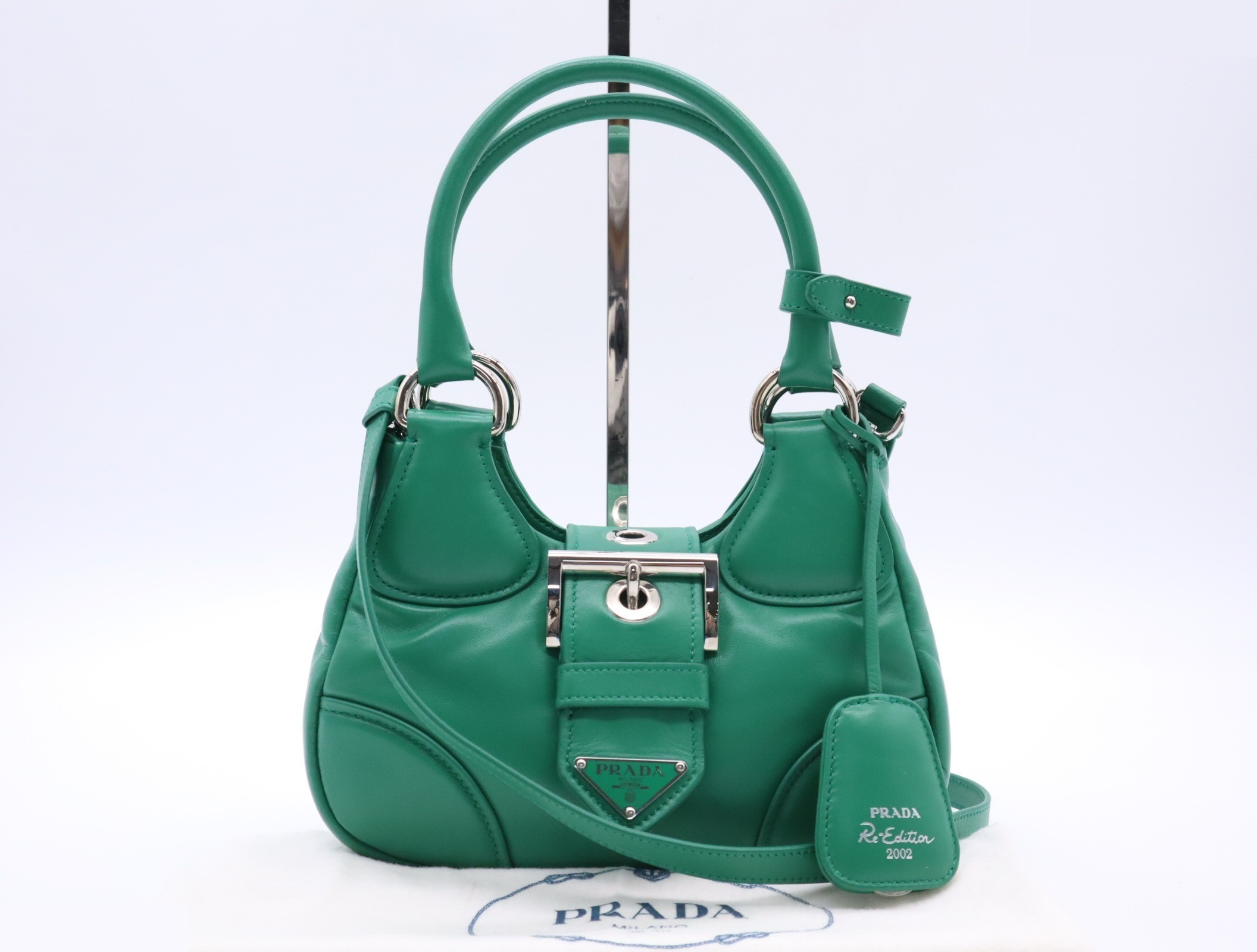 Leather Padded Nappa Moon 2-Way Handbag, Green, Silver Hardware