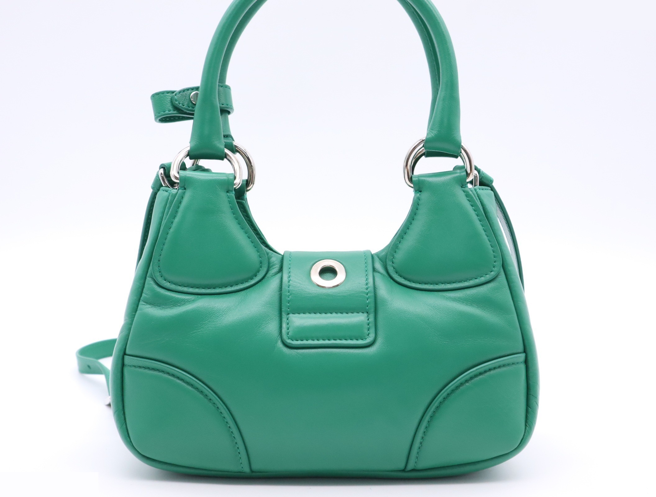Leather Padded Nappa Moon 2-Way Handbag, Green, Silver Hardware — view 2