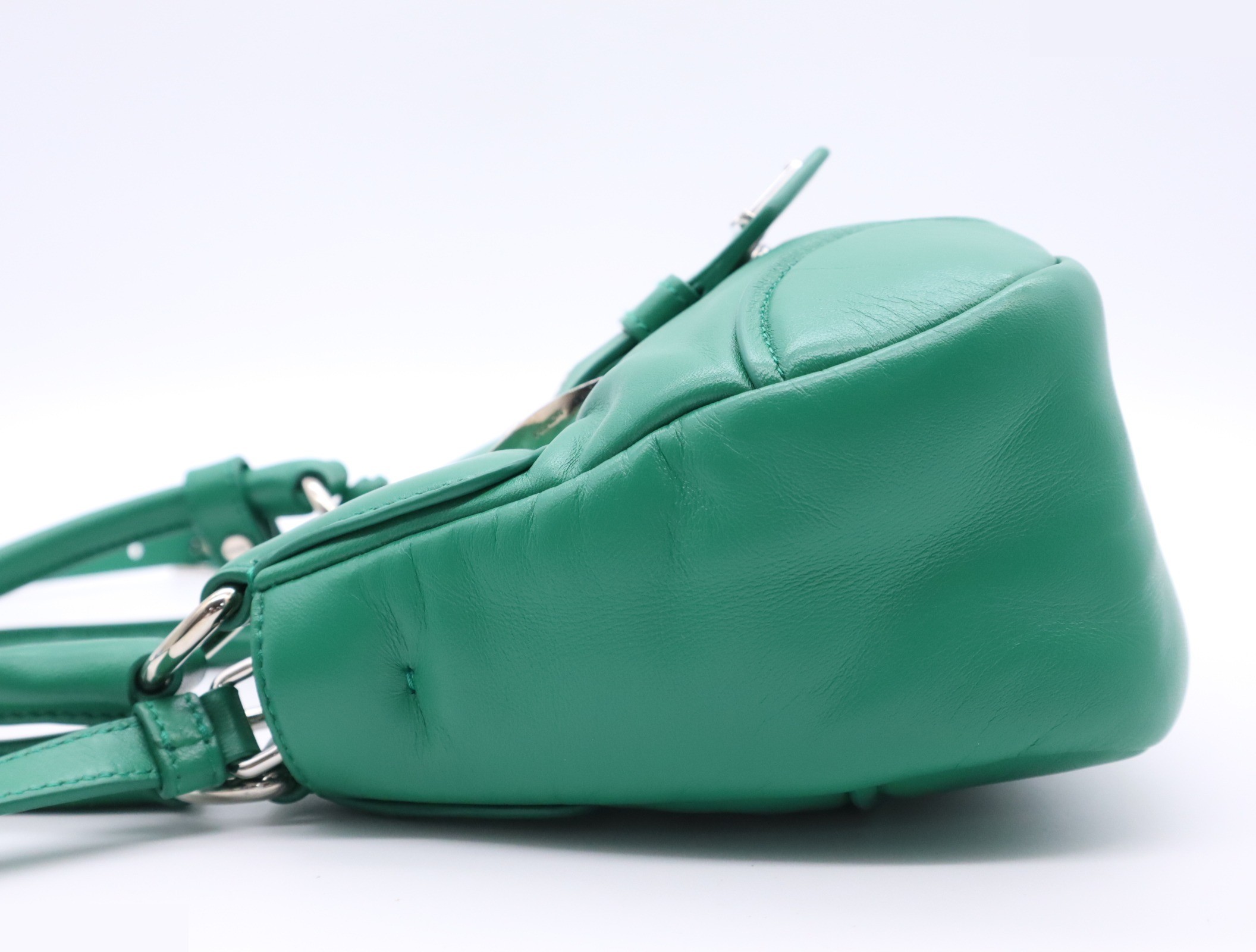 Leather Padded Nappa Moon 2-Way Handbag, Green, Silver Hardware — view 3