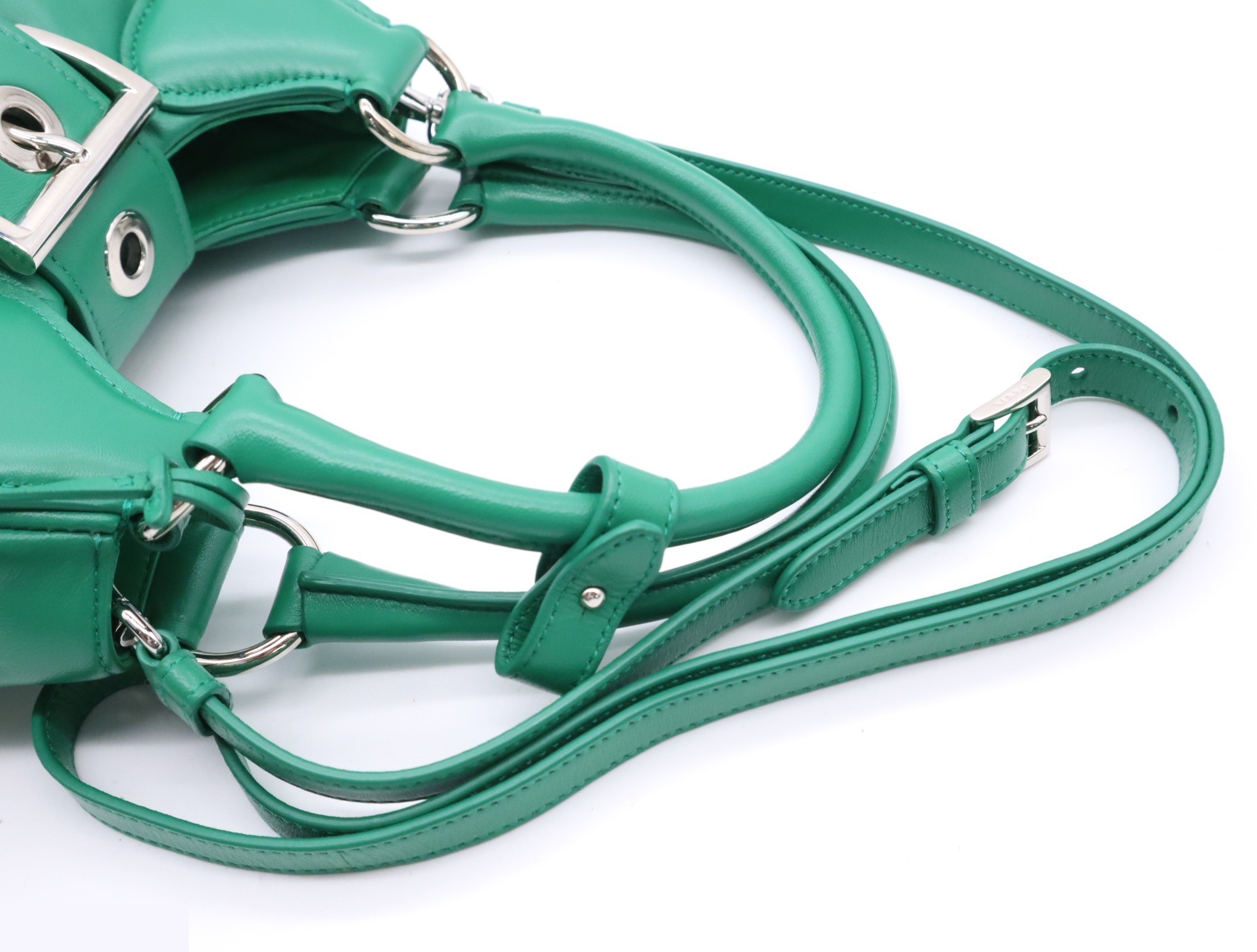 Leather Padded Nappa Moon 2-Way Handbag, Green, Silver Hardware — view 6