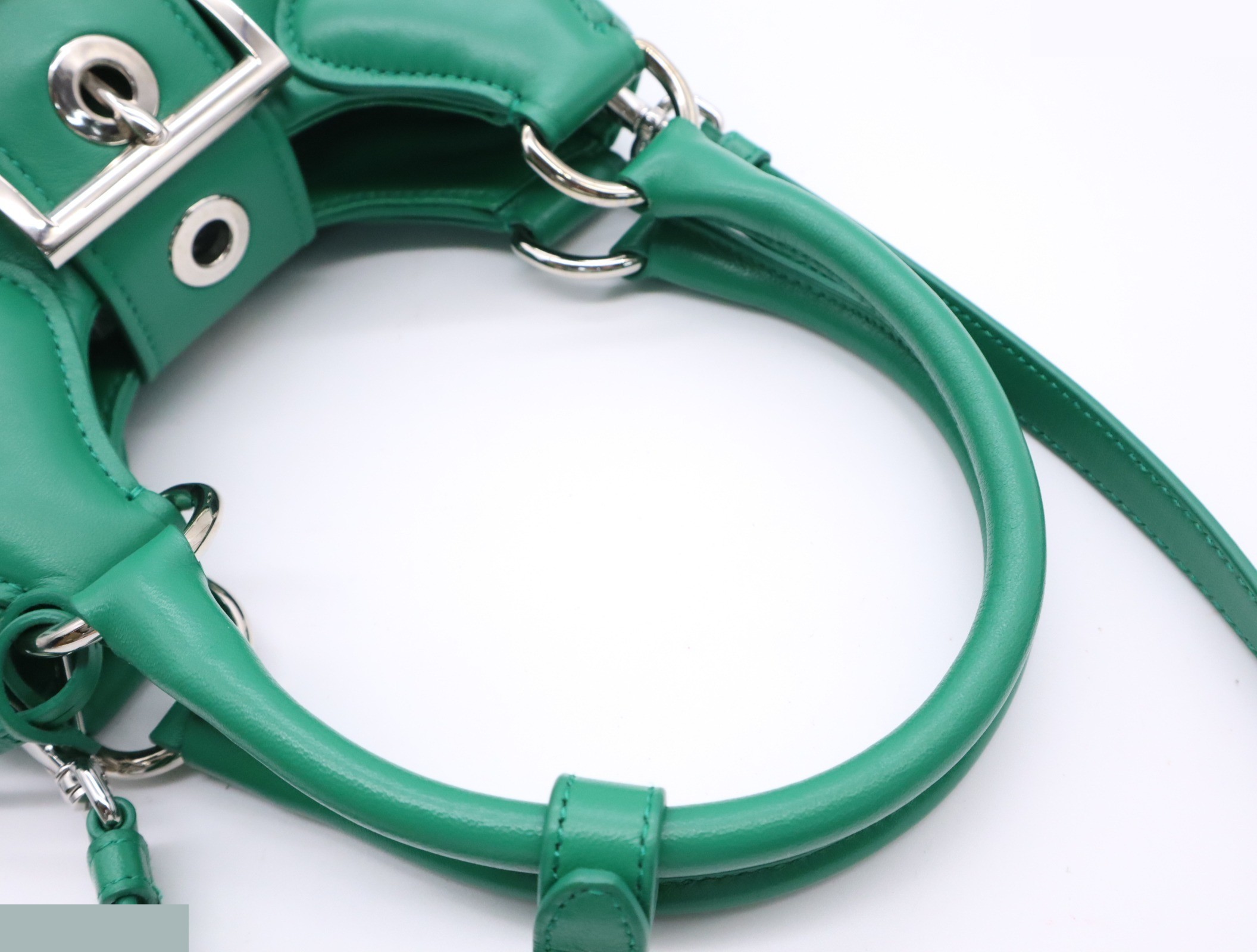 Leather Padded Nappa Moon 2-Way Handbag, Green, Silver Hardware — view 7