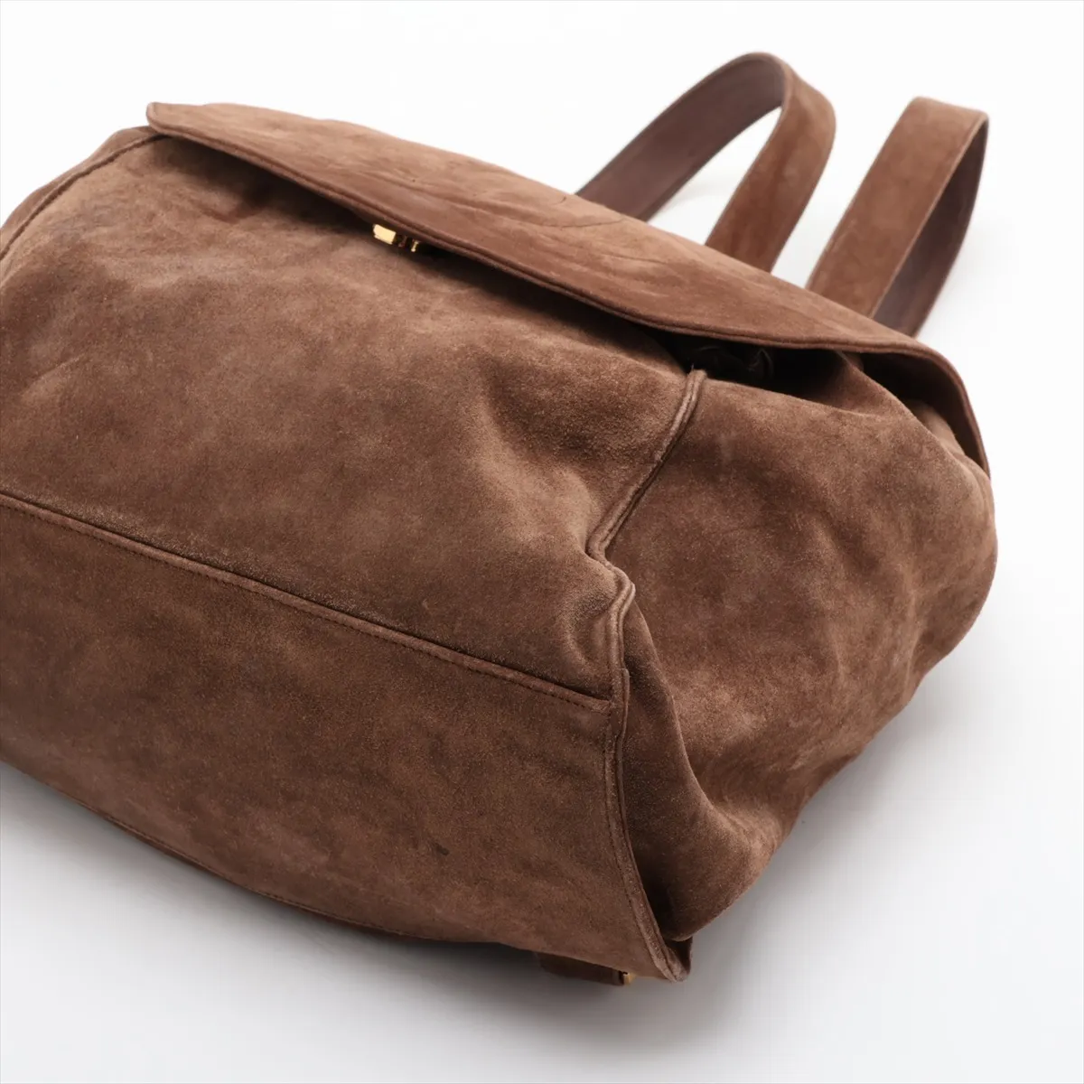 Coco Mark Suede Chain Backpack, Brown with Gold Hardware — view 3