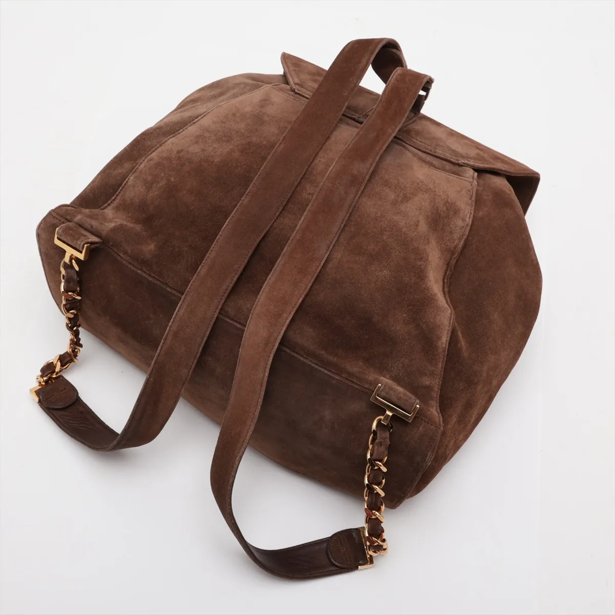 Coco Mark Suede Chain Backpack, Brown with Gold Hardware — view 5