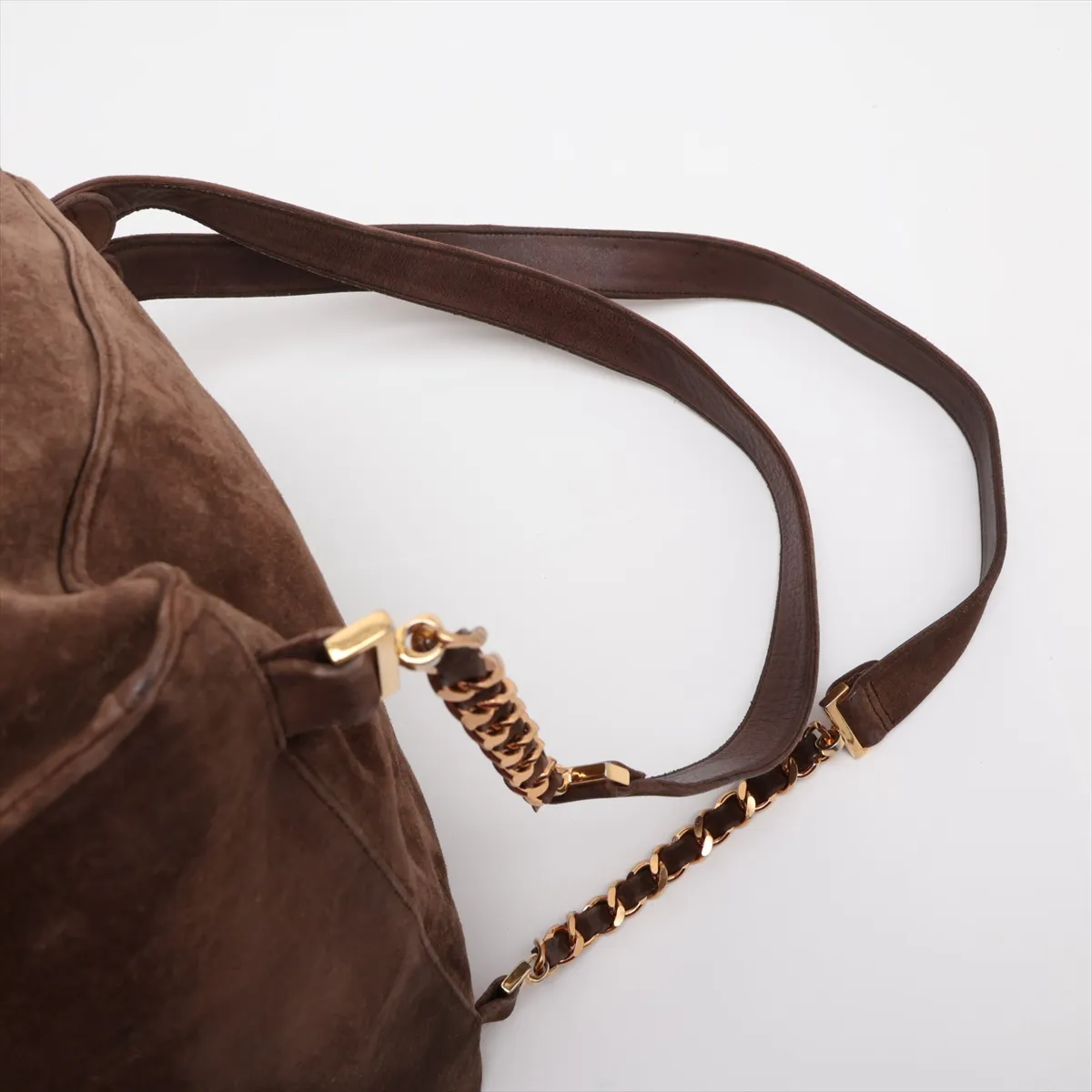 Coco Mark Suede Chain Backpack, Brown with Gold Hardware — view 6