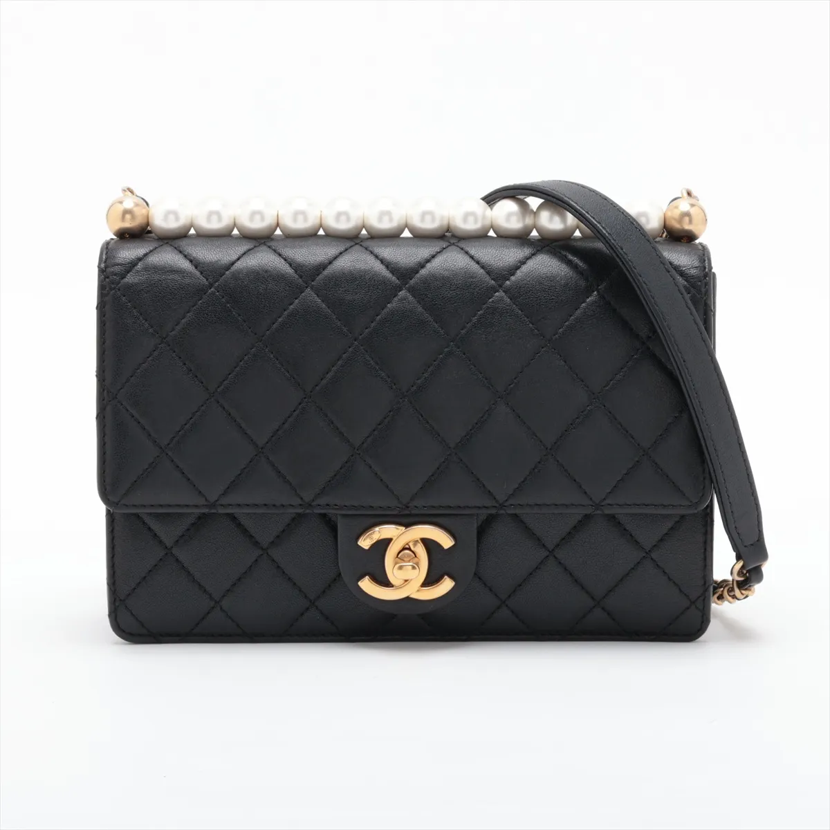 Matelassé Lambskin Chain Shoulder Bag, Pearl Black with Gold Hardware, 27861620, Serial Number 27