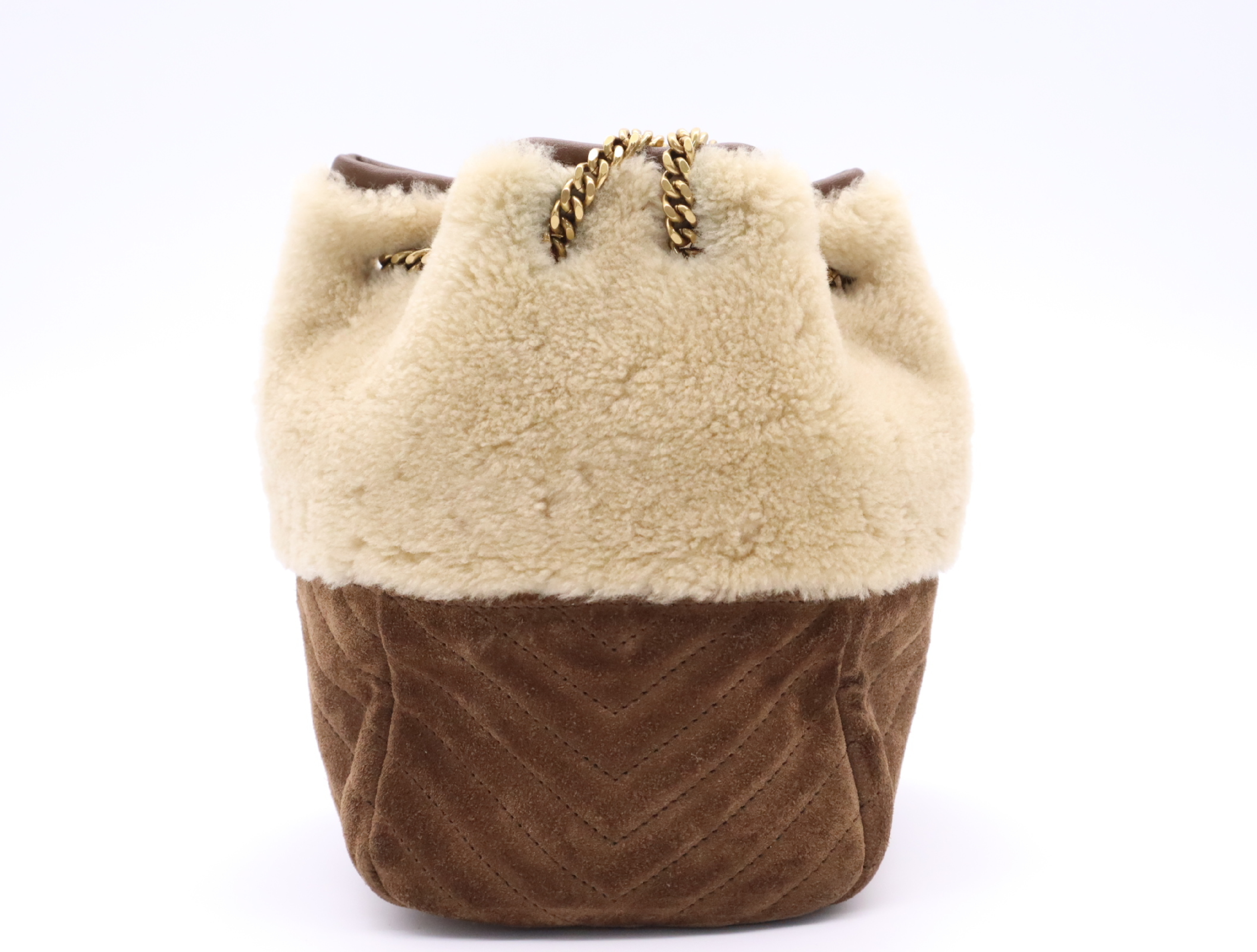 Suede Shearling Joe Mouton Chain Shoulder Bag (Brown/Beige) — view 2