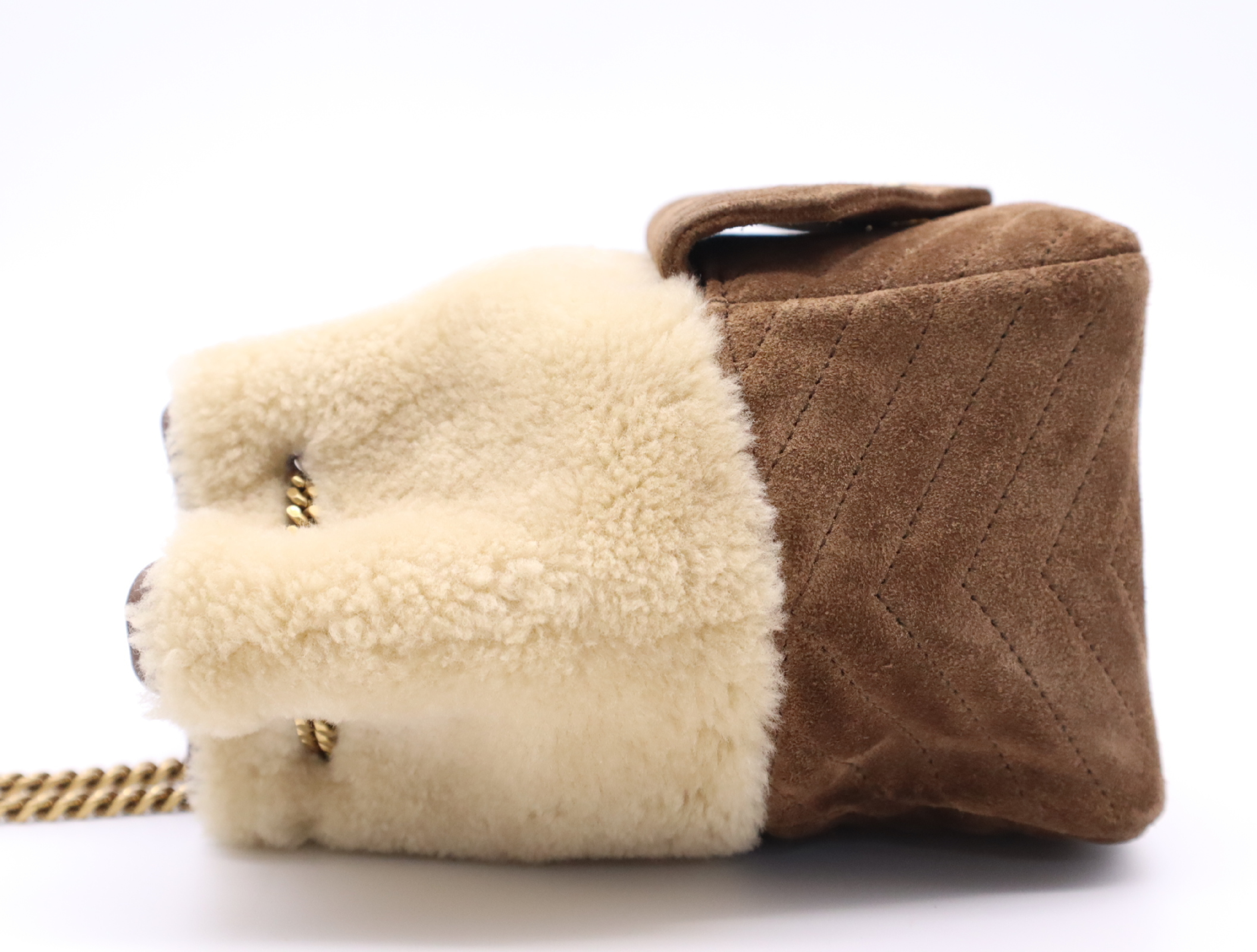 Suede Shearling Joe Mouton Chain Shoulder Bag (Brown/Beige) — view 3