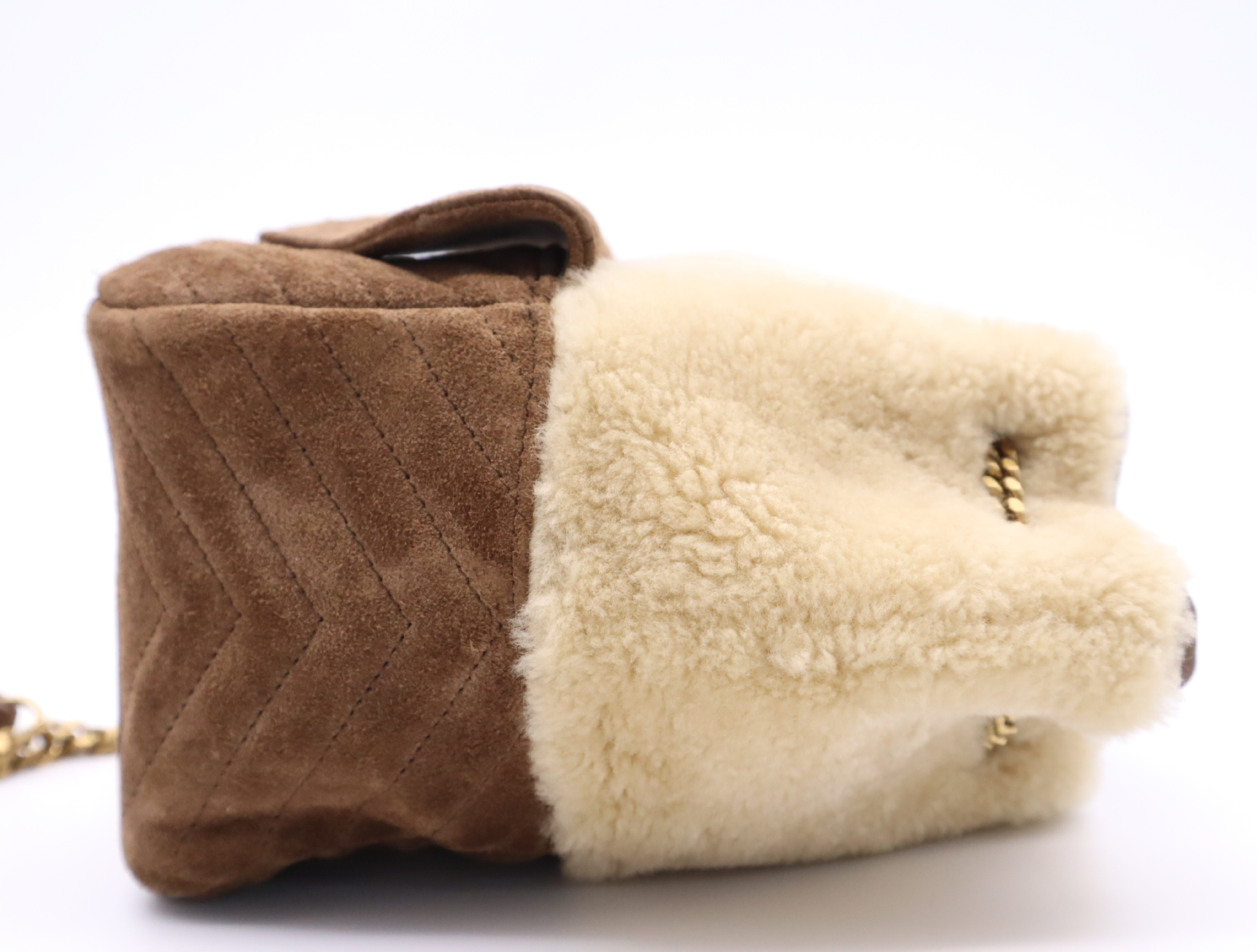 Suede Shearling Joe Mouton Chain Shoulder Bag (Brown/Beige) — view 5
