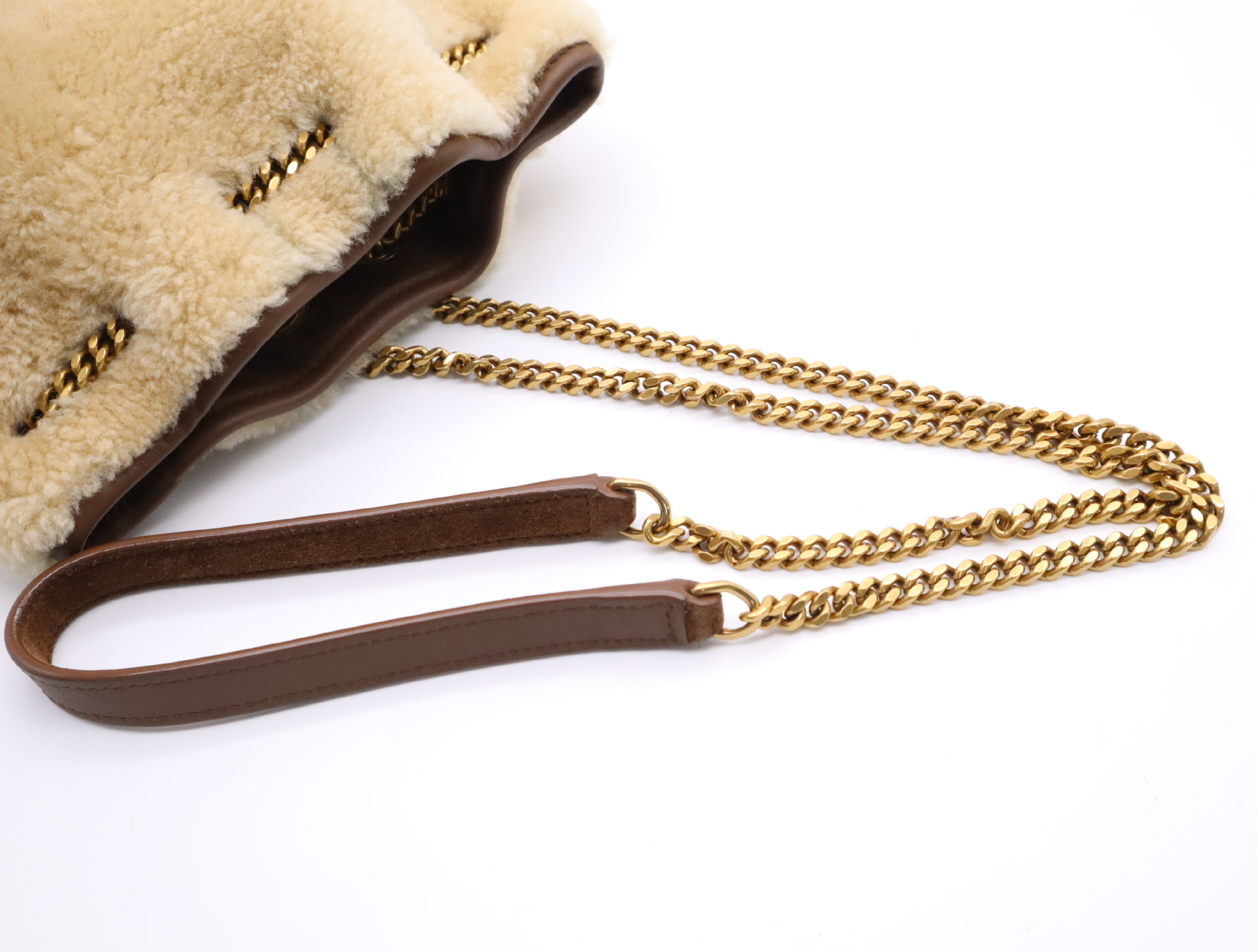 Suede Shearling Joe Mouton Chain Shoulder Bag (Brown/Beige) — view 10