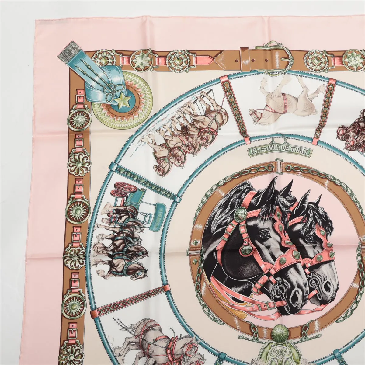 Carre 90 CHEVAUX DE TRAIT (Draft Horse) Scarf, Silk, Pink. Shows signs of wear, — view 2