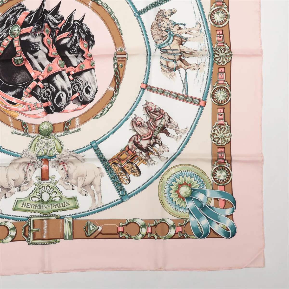 Carre 90 CHEVAUX DE TRAIT (Draft Horse) Scarf, Silk, Pink. Shows signs of wear, — view 4