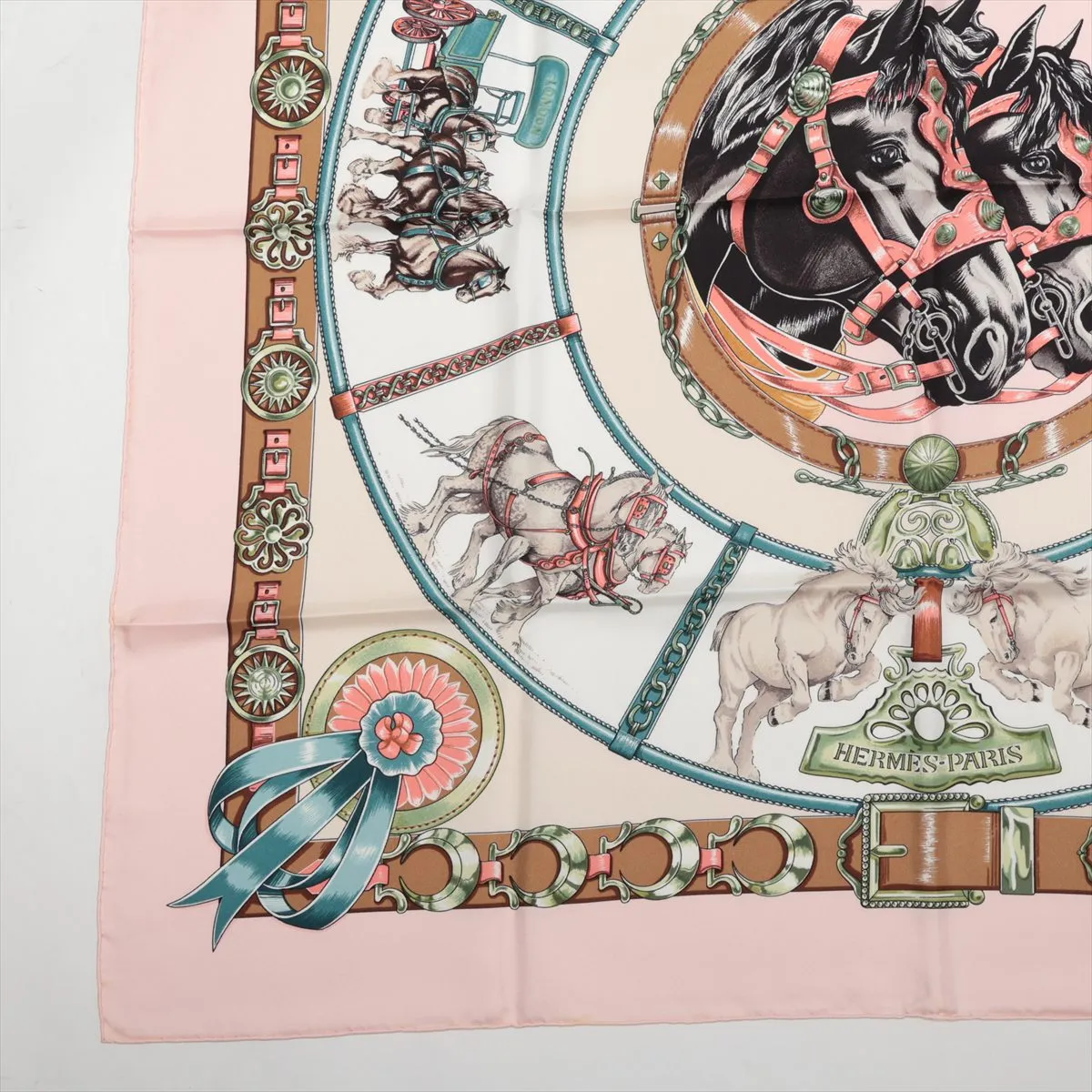 Carre 90 CHEVAUX DE TRAIT (Draft Horse) Scarf, Silk, Pink. Shows signs of wear, — view 5