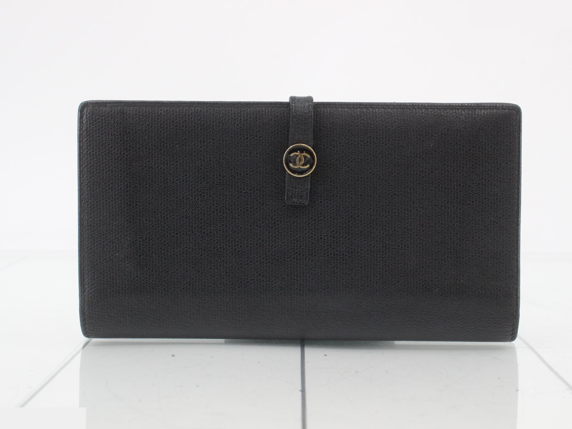 Coco Button Leather Bifold Long Wallet Black