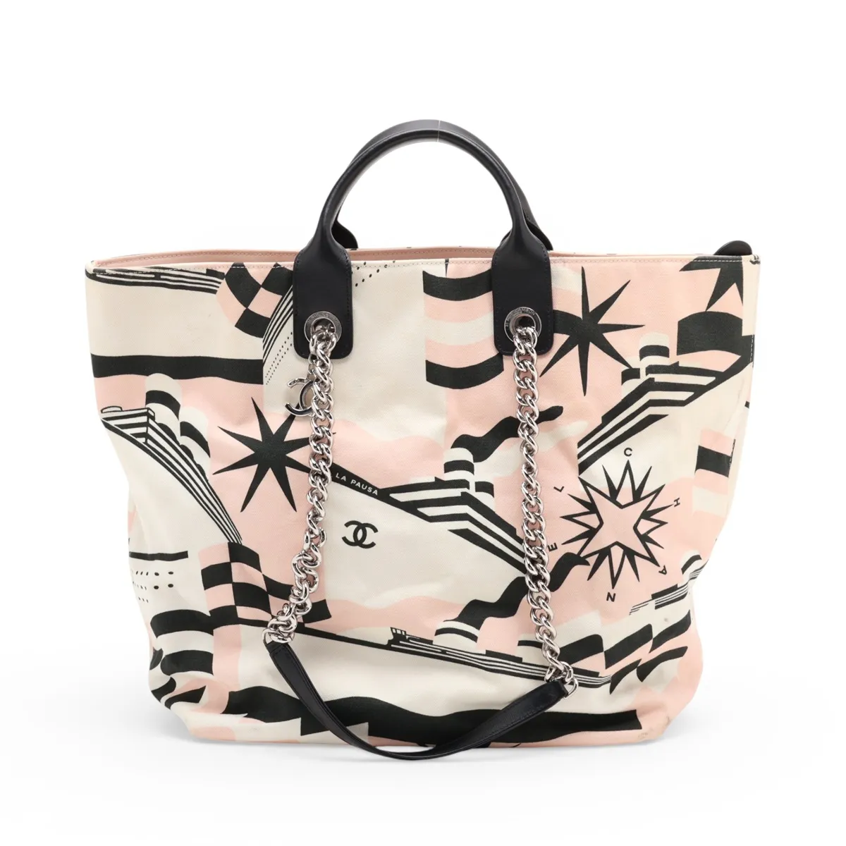 La Pausa Canvas x Leather 2-Way Tote Bag, Beige, Silver Hardware