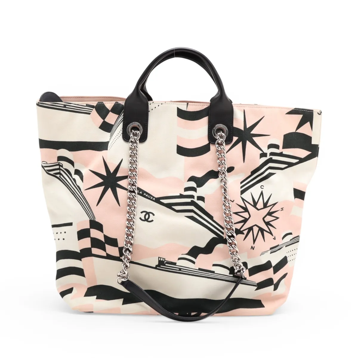La Pausa Canvas x Leather 2-Way Tote Bag, Beige, Silver Hardware — view 2